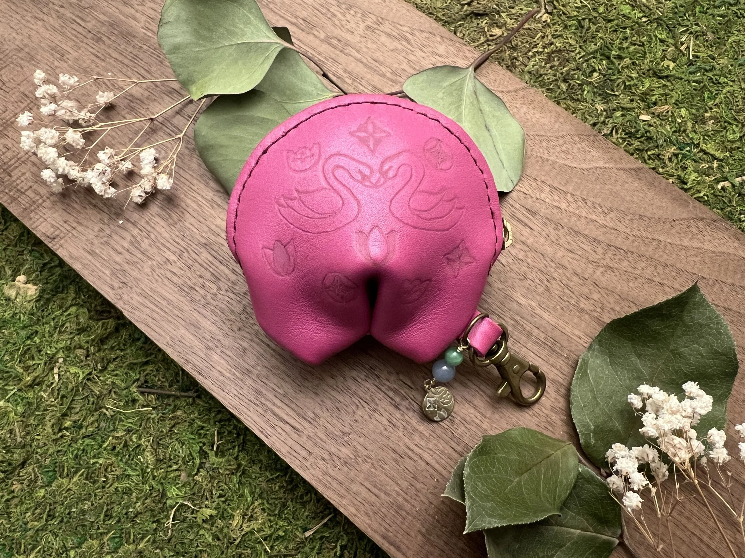 Swans and Flowers on Portland Leather Goods Fortune Cookie Keychain Pouch in Lipgloss