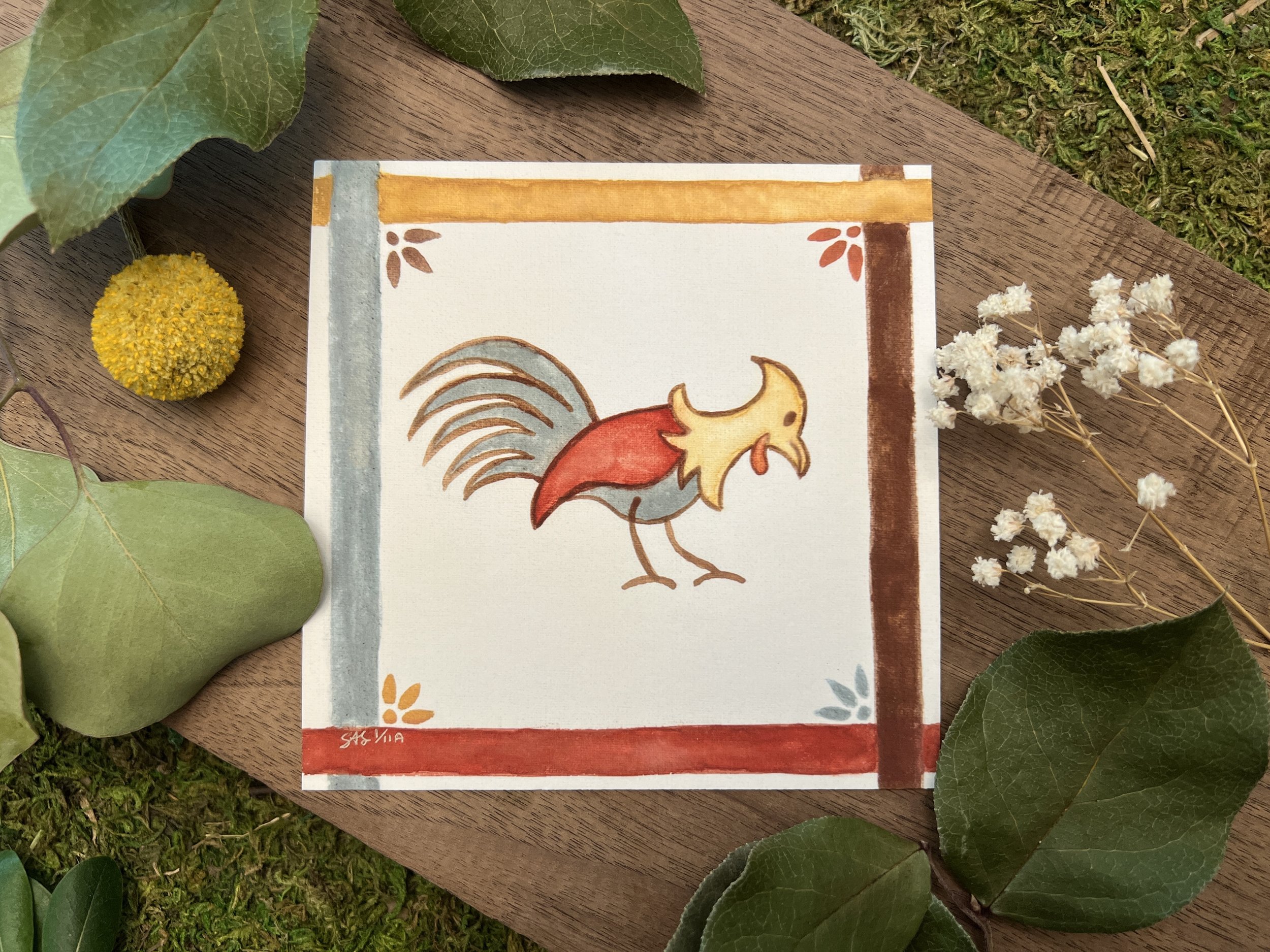 "Rooster Framed" Folk Art Giclee Print 5x5 Signed and Numbered