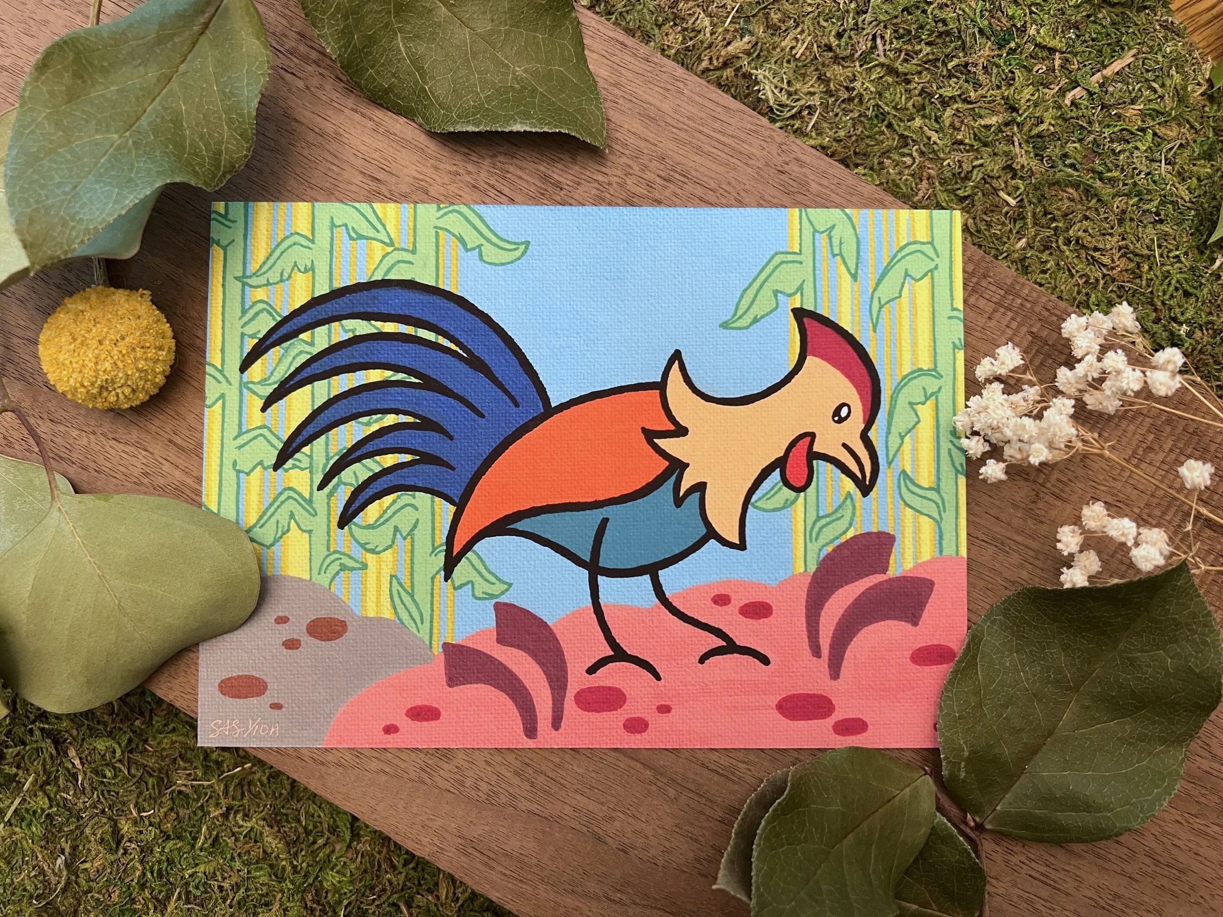 "Rooster in Corn Field" Folk Art Giclee Print 5x7 Signed and Numbered