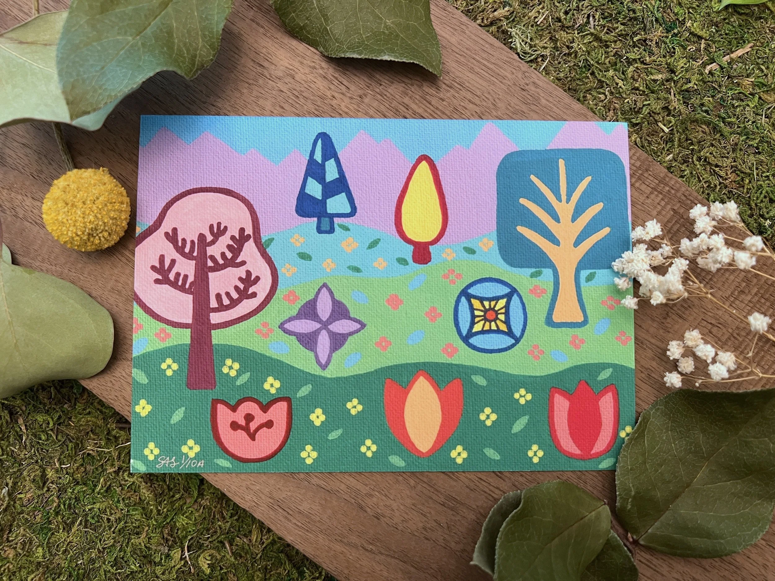 "Trees and Flowers Field" Folk Art Giclee Print 5x7 Signed and Numbered