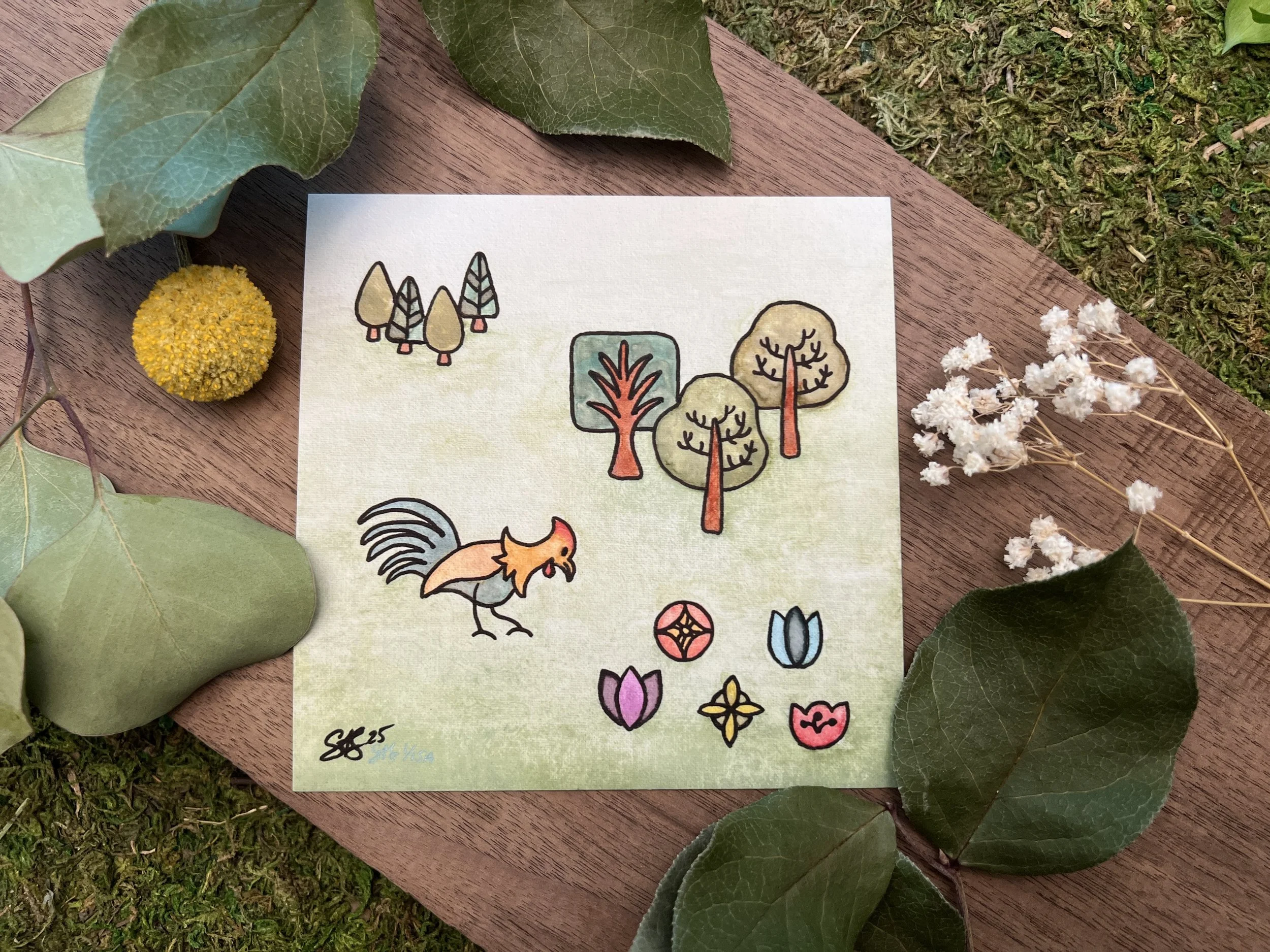 "Rooster in Field" Folk Art Giclee Print 5x5 Signed and Numbered