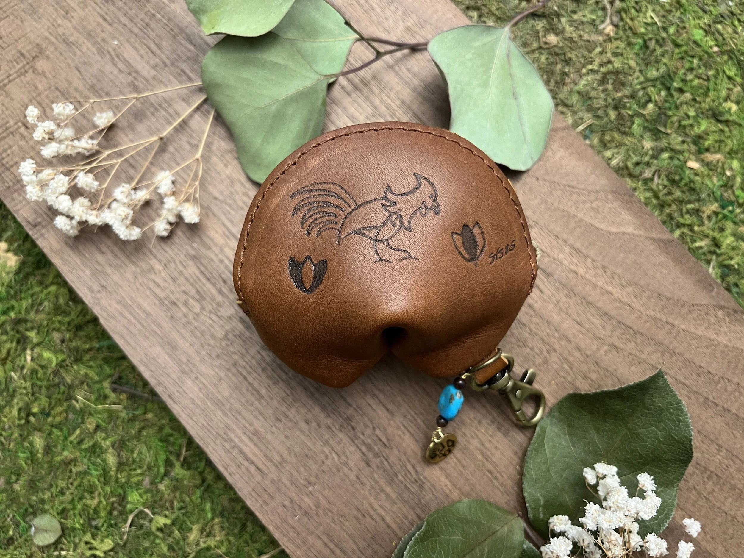 Rooster and Flowers on Portland Leather Goods Fortune Cookie Keychain Pouch in Honey