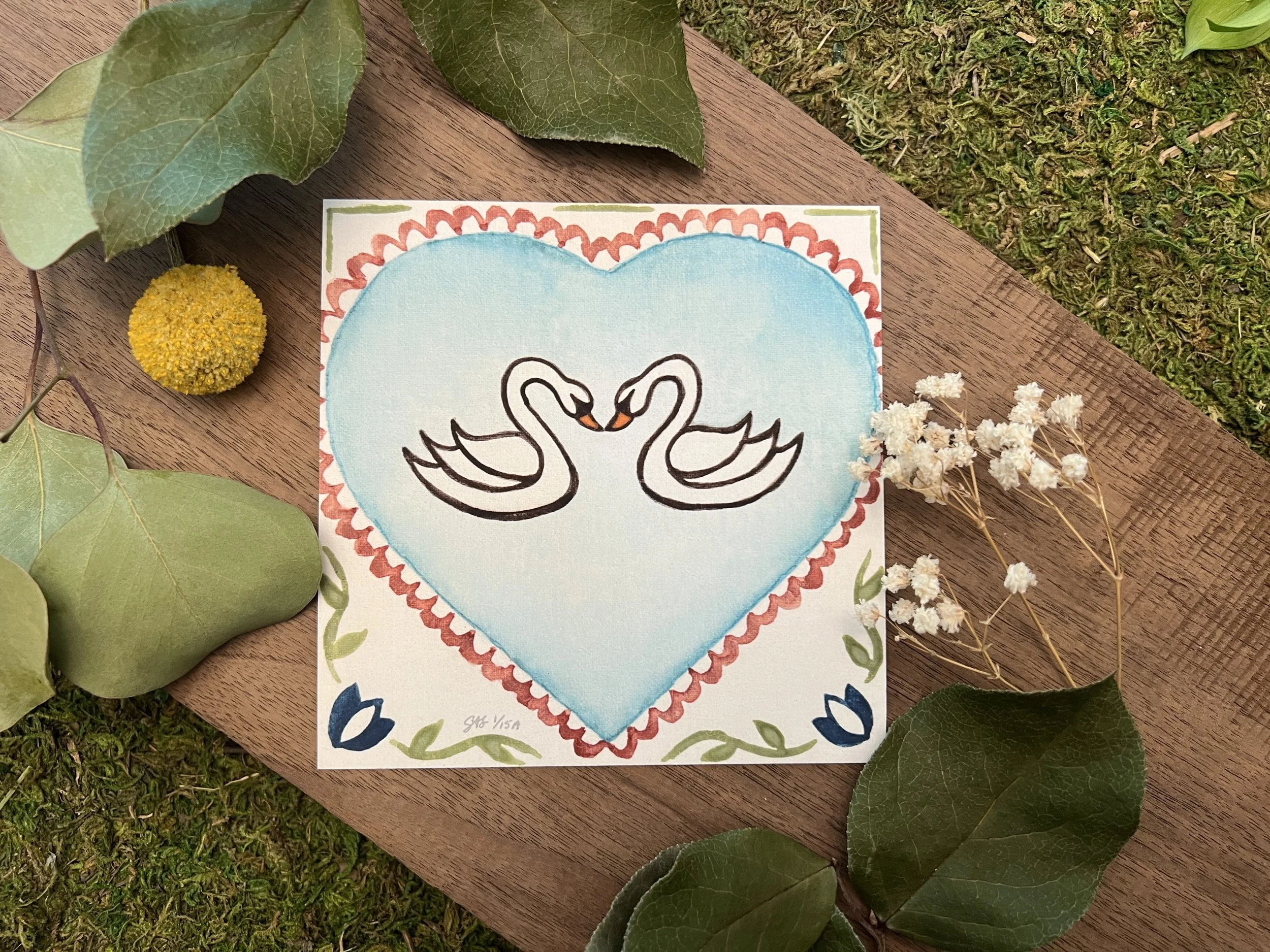 "Swans Heart" Folk Art Giclee Print 5x5 Signed and Numbered