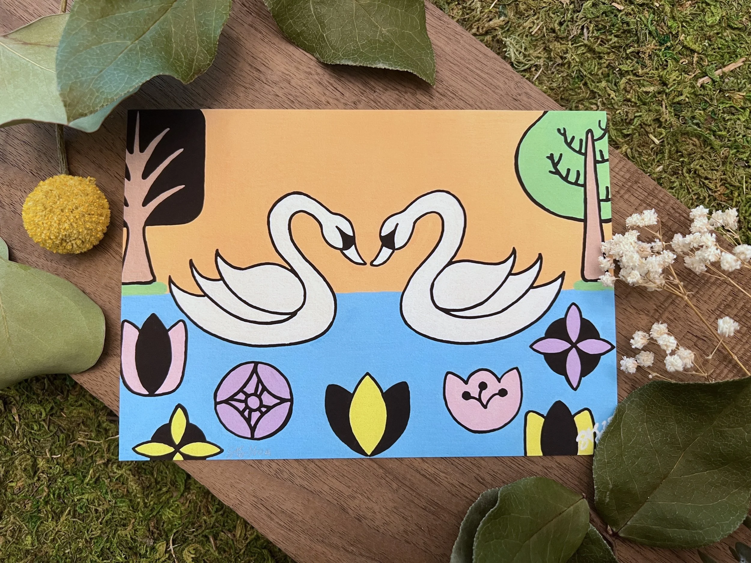 "Swans at Sunset" Folk Art Giclee Print 5x7 Signed and Numbered