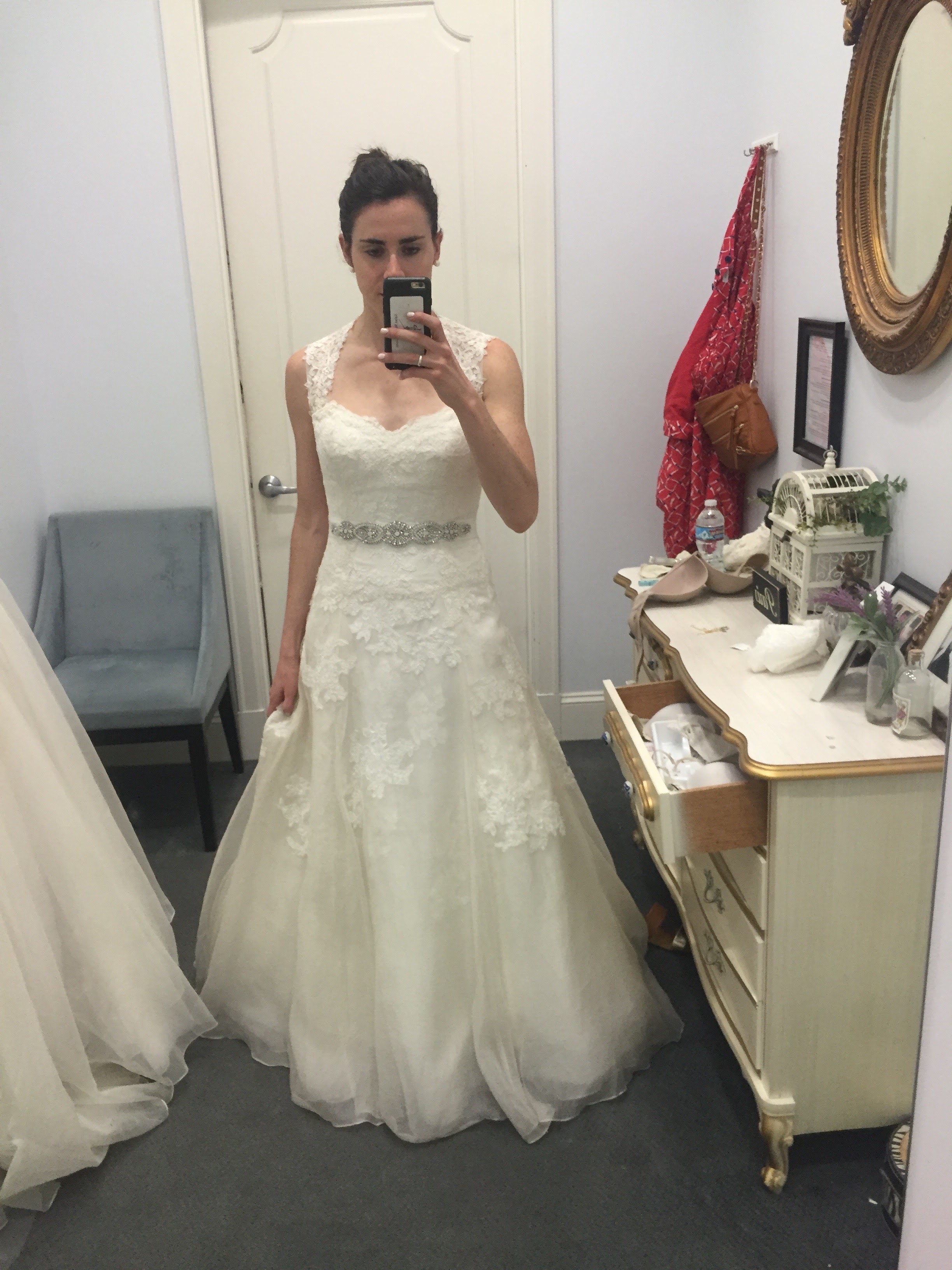 This was one of the first A-line dresses I tried on, after I realized that I didn't really like the sheath look. It was a no because it reminded me of SO many of the wedding dresses I've seen in the past few years. It also wasn't the best fit on me. 