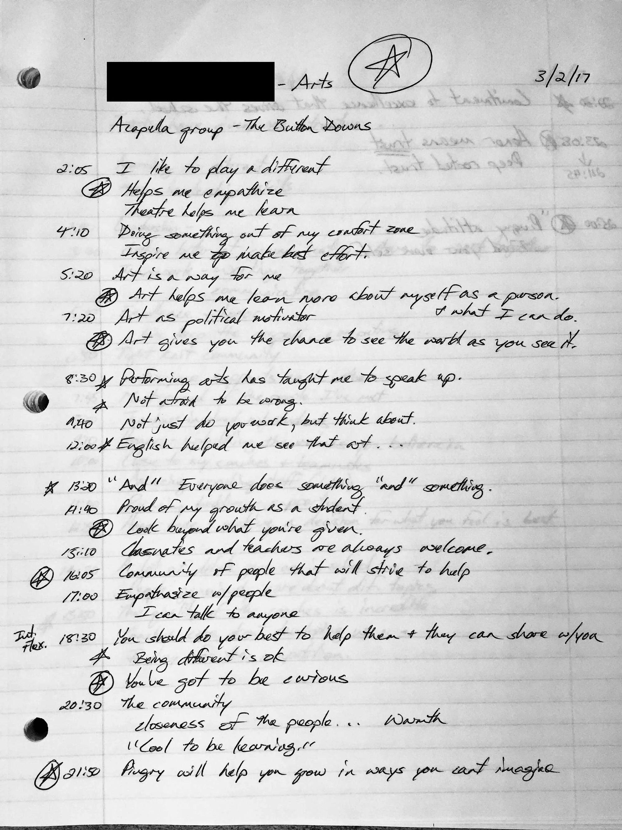 Notes from one of my student interviews that helped inform the script