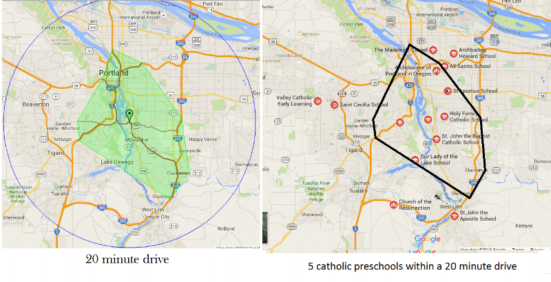 fig. 4 Map of feeder Catholic pre-schools in a 20-minute driving radius from St. Agatha School in Portland, OR