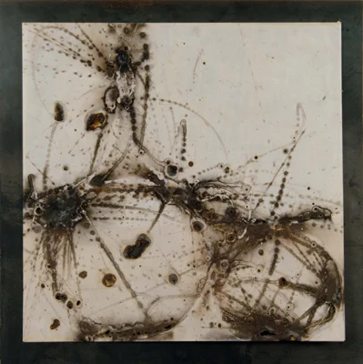 24 in X 24 in, 2004, Mig Welder on Waxed Masa Paper, Cold rolled steel