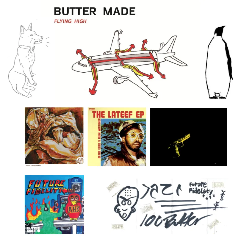 Flying High artwork by Hugh Whitaker, Ahkatari artwork by Hugh Whitaker and Alma, Lateef EP design by Aaron Biggs and photo by Lynn Upson, Eve the dog by Pencilface, Awesome Pete drawing by John Lake, Audopilots lp painting by Sterling Toles, Future Fidelity cover by Kevin Joy & insert drawn by Ahk