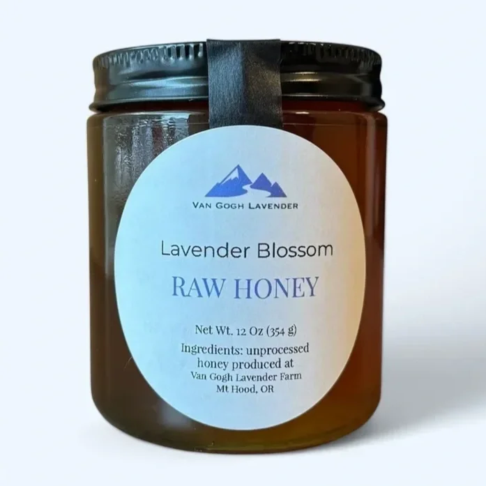 A jar of Van Gogh Lavender Lavender Blossom Raw Honey with a black lid and a white label.