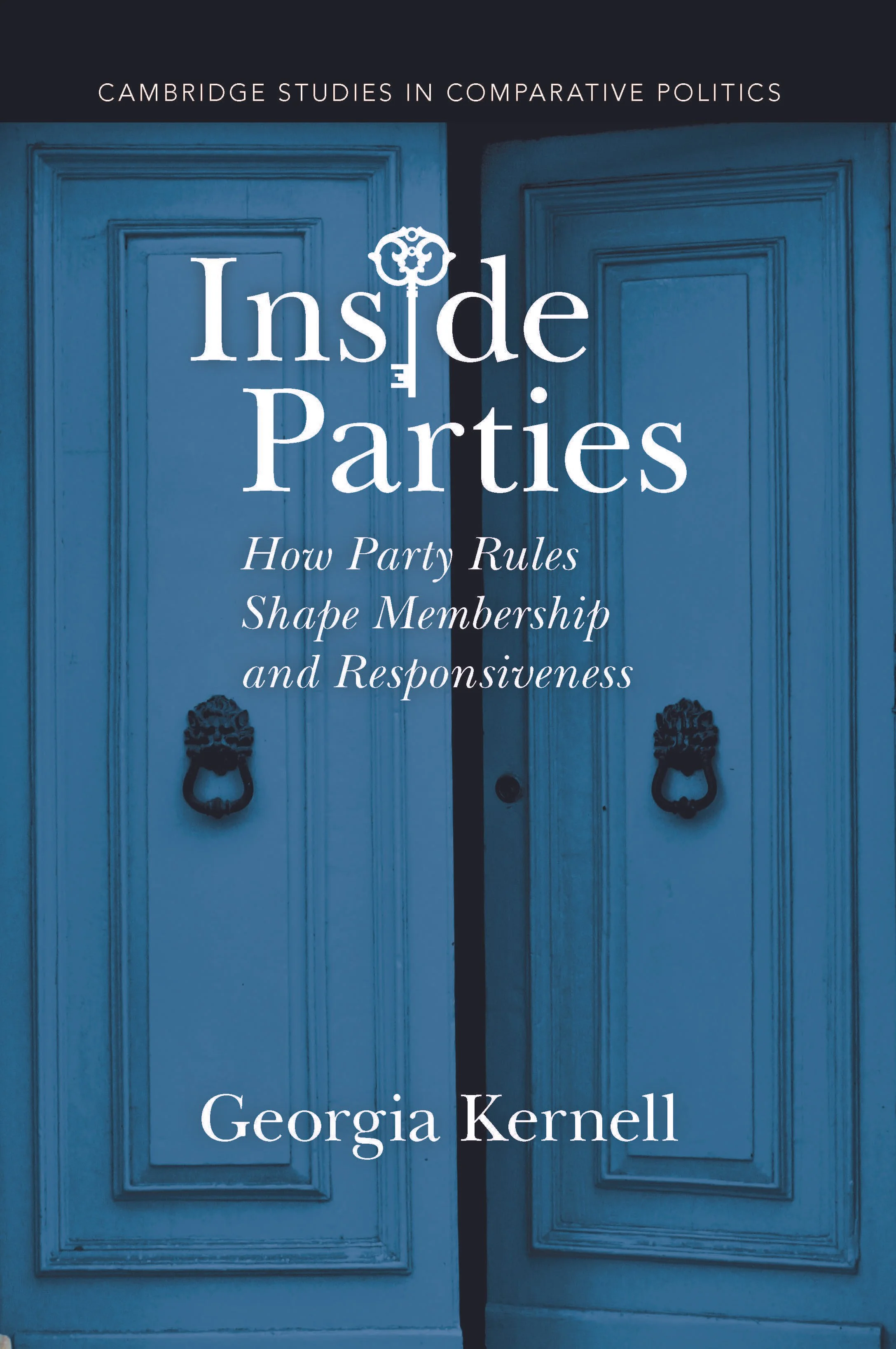 Image of Inside Parties book cover. Looks like a door cracked open to see what is inside with a key for the second "i" in "Inside."