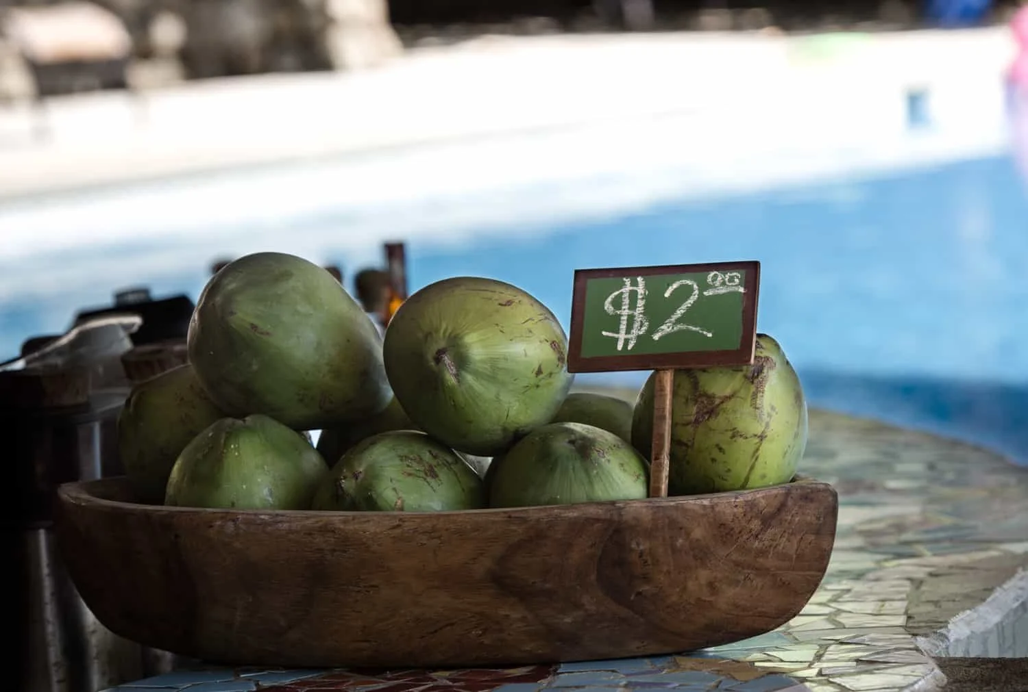 Pipas for sale at the submerged bar at Los Cocos Bar & Pool located at the beach area.