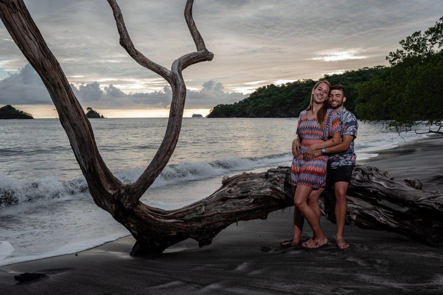 Couple on a weathered tree on Las Catalinas Beach in Guanacaste just after sunset for their engagement photos.