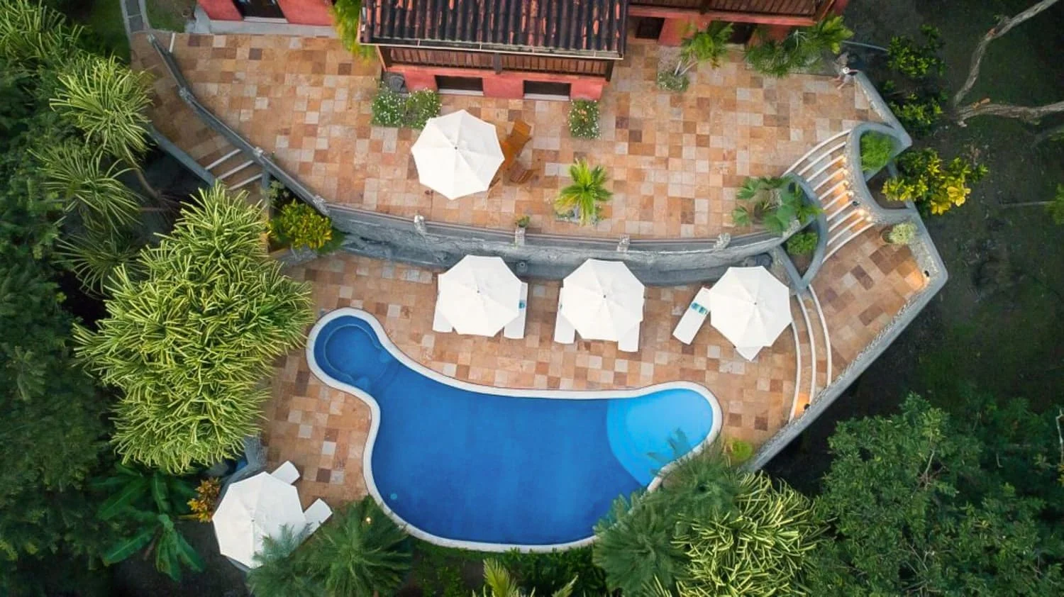 Arial view of terrace area for wedding receptions and the pool area at Hacienda Barrigona.