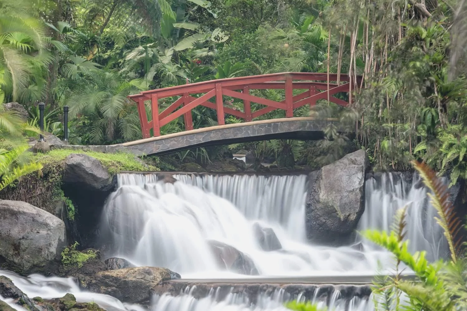 This picturesque red bridge crossing a waterfall feed by a volcanic thermal spring is located at Tabacón Thermal Resort and Spa in La Fortuna, a great wedding venue in Costa Rica.