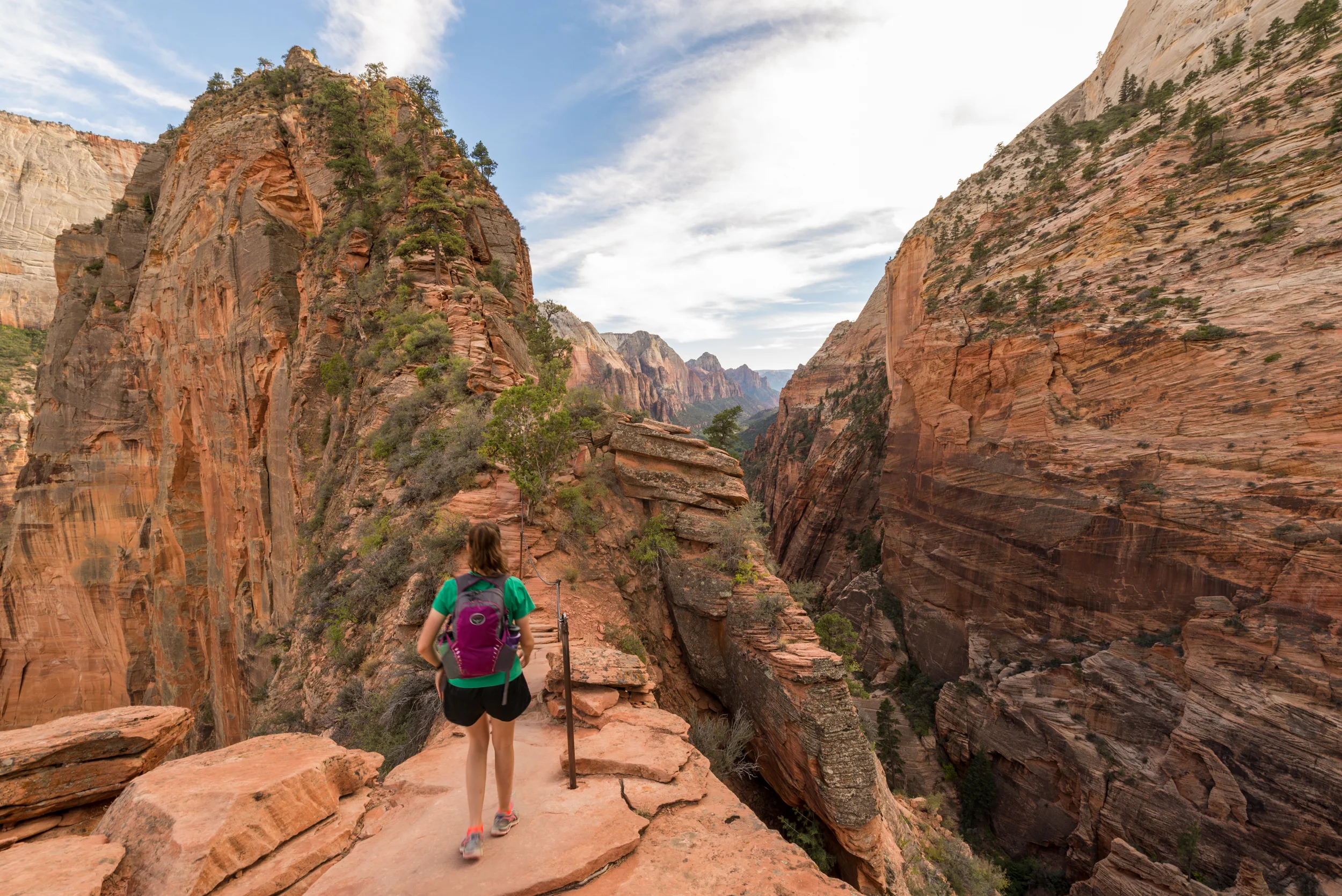 The top of Angels Landing is in sight as you hike across the narrow spine. A chain runs along this section to help you feel a little safer.