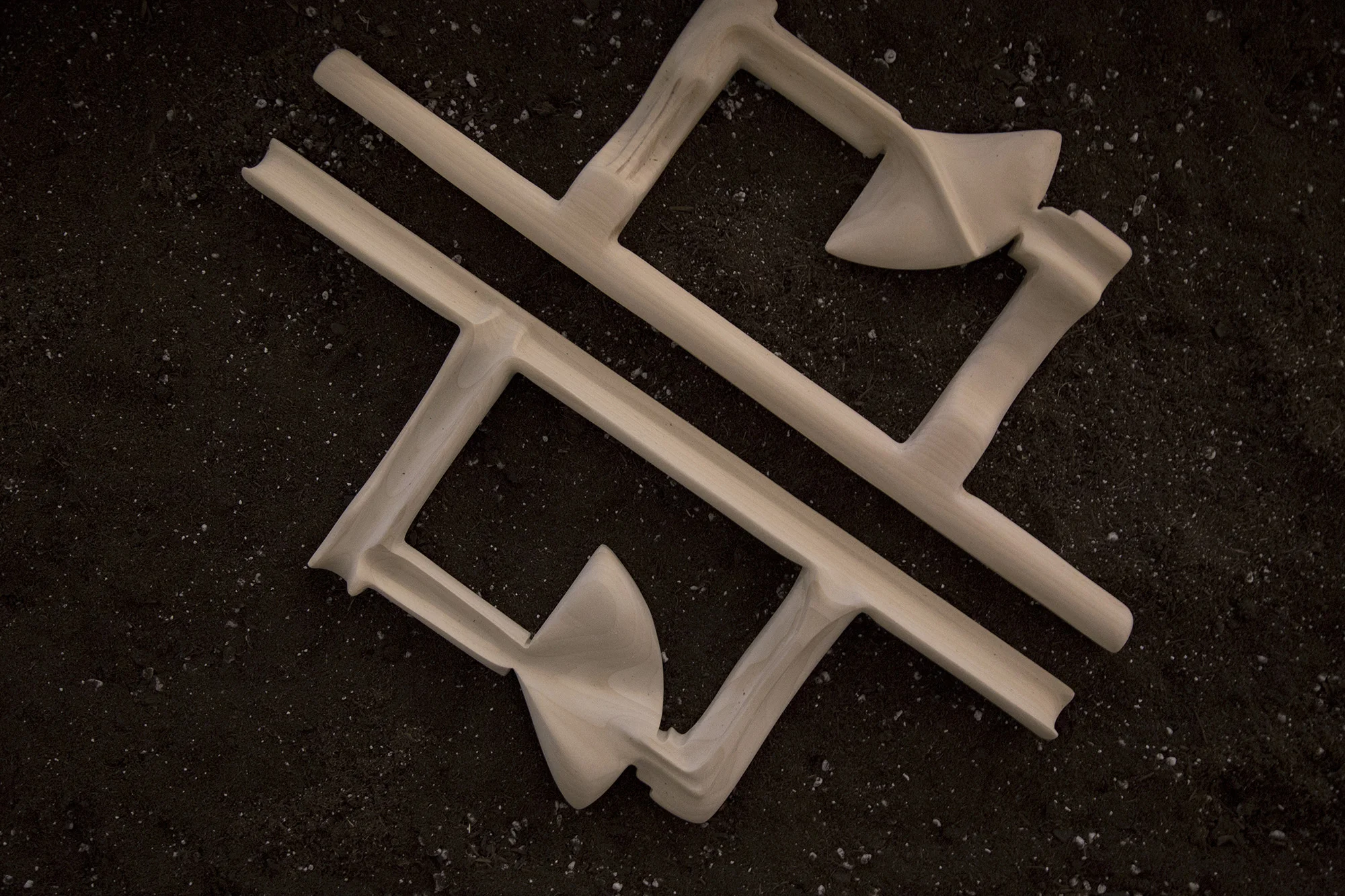 “Smoke Patio #1 & #2” from Bar Bones series, 2016 Carved poplar about 18 1/2 x 7 1/2 inches (each)