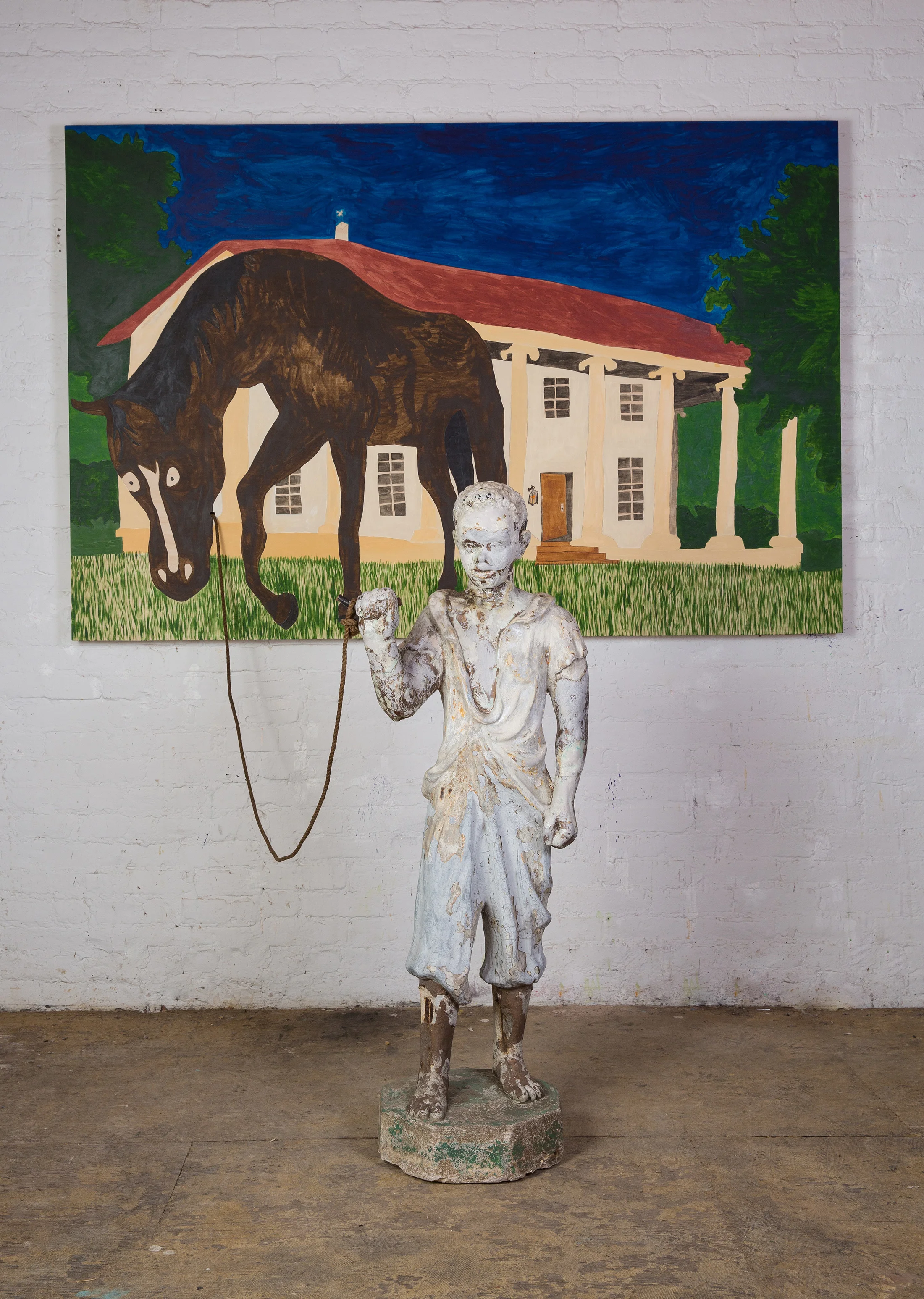 Jocko Graves (the faithful groomsmen) , 2018 Cement, iron, rope and acrylic on wood panel 73 x 48 x 50 inches