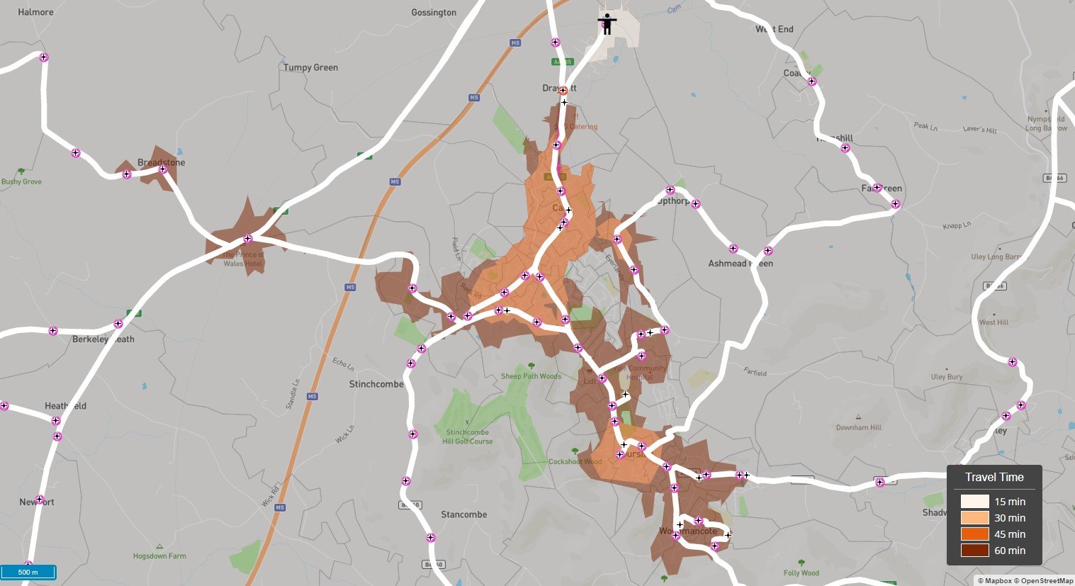 A map of Cam & Dursley showing accessibility isochrones