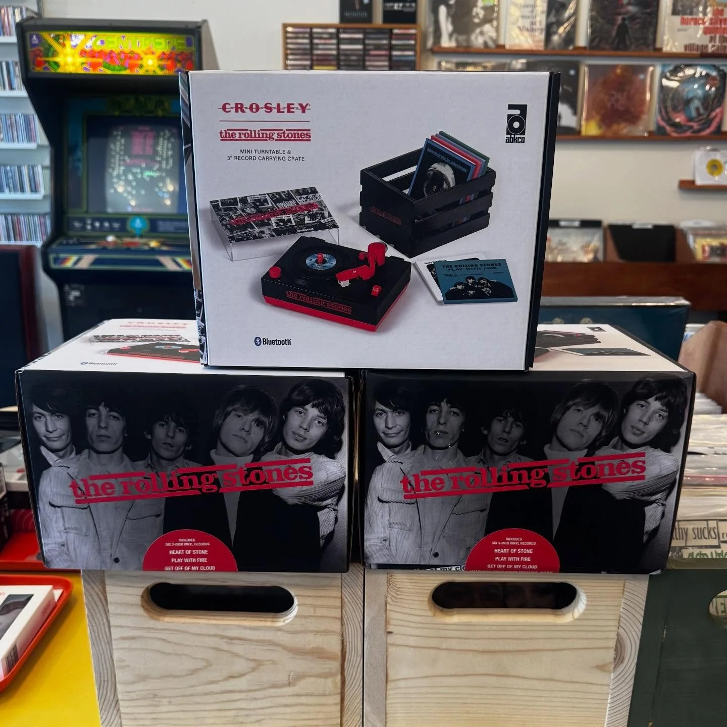 First to arrive for Record Store Day 2026, The Rolling Stones mini turntable, 3&rdquo; records, and mini crate. Available 4/18 stay tuned for all RSD details and list of RSD exclusives, that we will be carrying.  #rollingstones #recordstoreday2026 #r