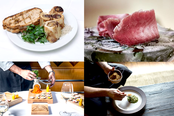 Dishes that promote more sustainable food systems: (clockwise from upper left) Bone marrow & parsley salad, St. John; beet infused asian carp, Miya’s; carrot tartare, Eleven Madison Park; rotation risotto, Blue Hill.