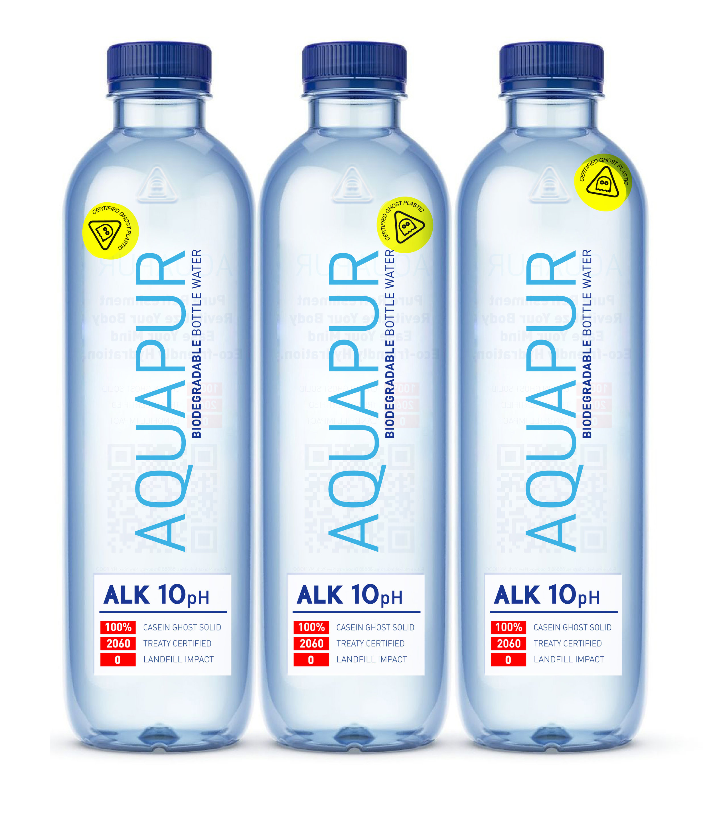 AquaPur w/Ghost Plastic AquaPur is fresh drinking water from nature’s purest sources. Proudly bottled in casein-based Ghost Plastic, you can hydrate with its fresh taste and confidently return the convenient package back to the earth, knowing that it will biodegrade in just four weeks.