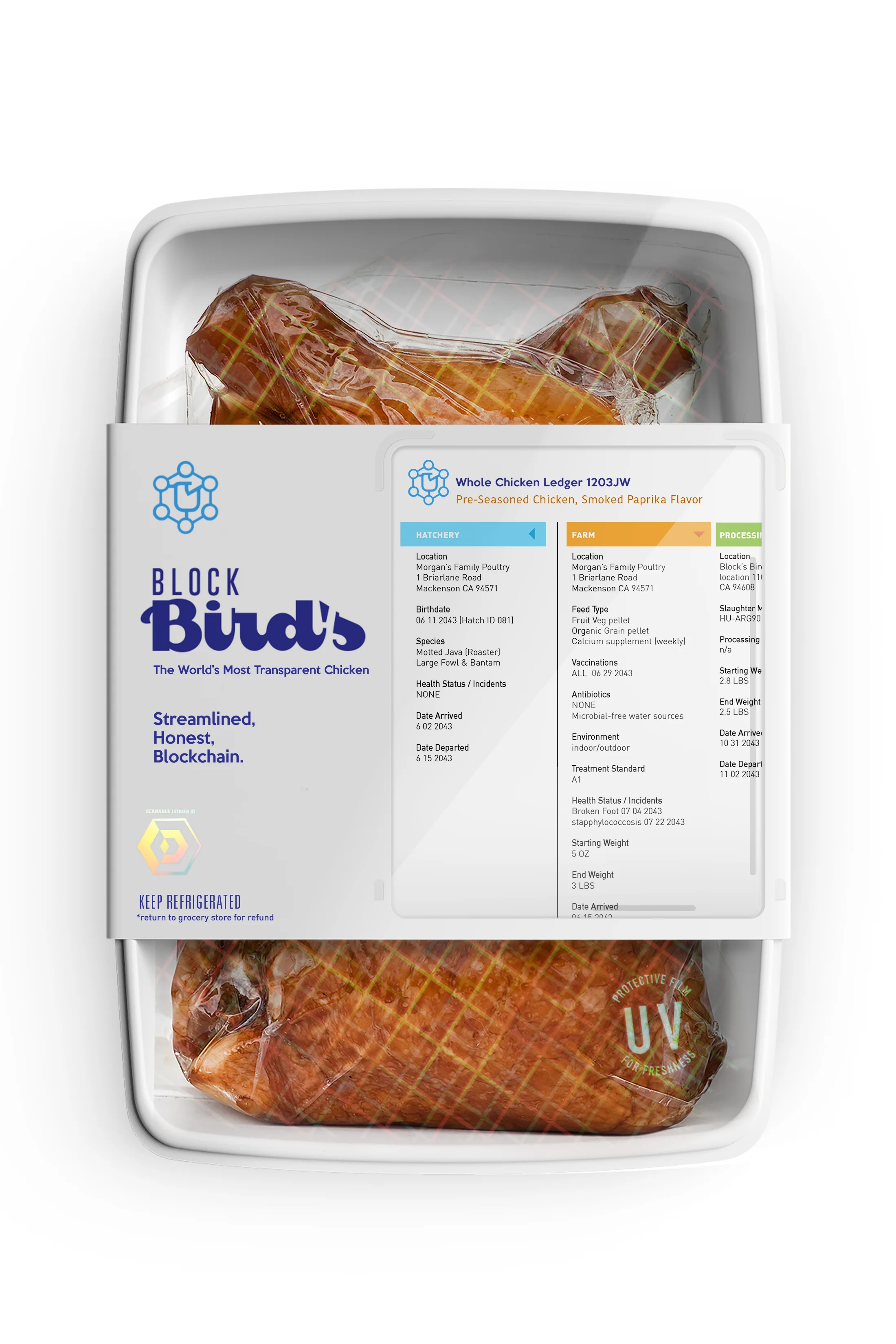 Block Bird's Block Bird’s is the first, fully transparent supply chain line of chicken products verified by Blockchain technology. All chicken is sourced from a multitude of small farms in the American midwest, where the entire journey of the chicken, from egg to grocery store, is recorded and plainly visible on the front of the package.