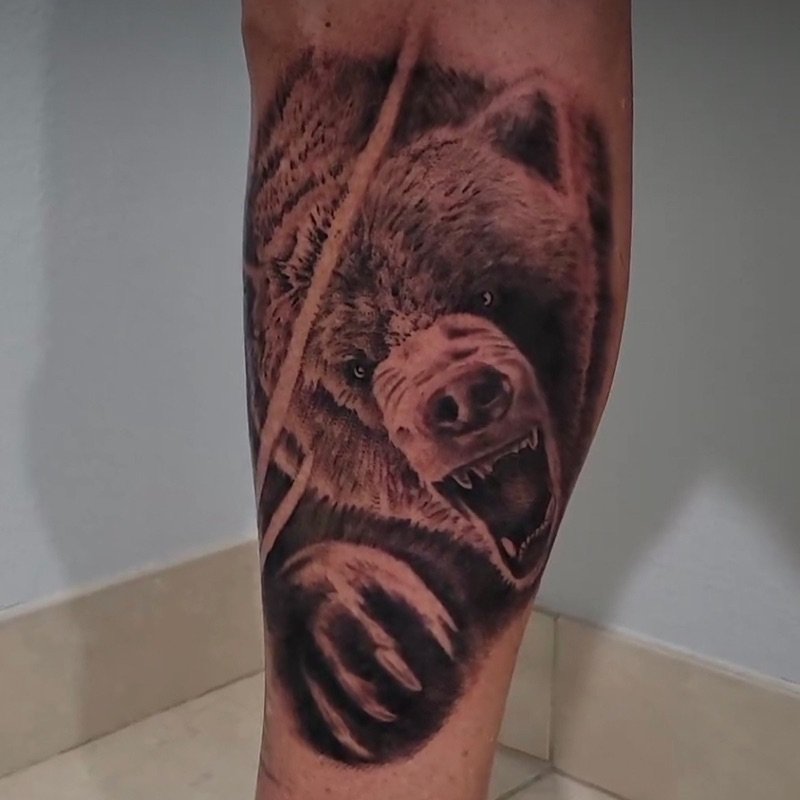 Scott Smallz Black and Grey Leg Tattoo