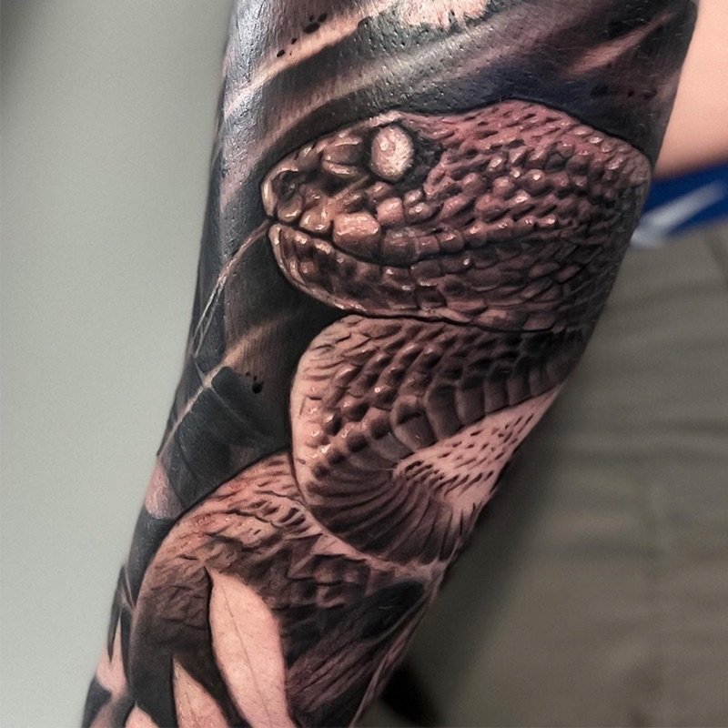 John Millan Snake Tattoo on Arm Black and Grey