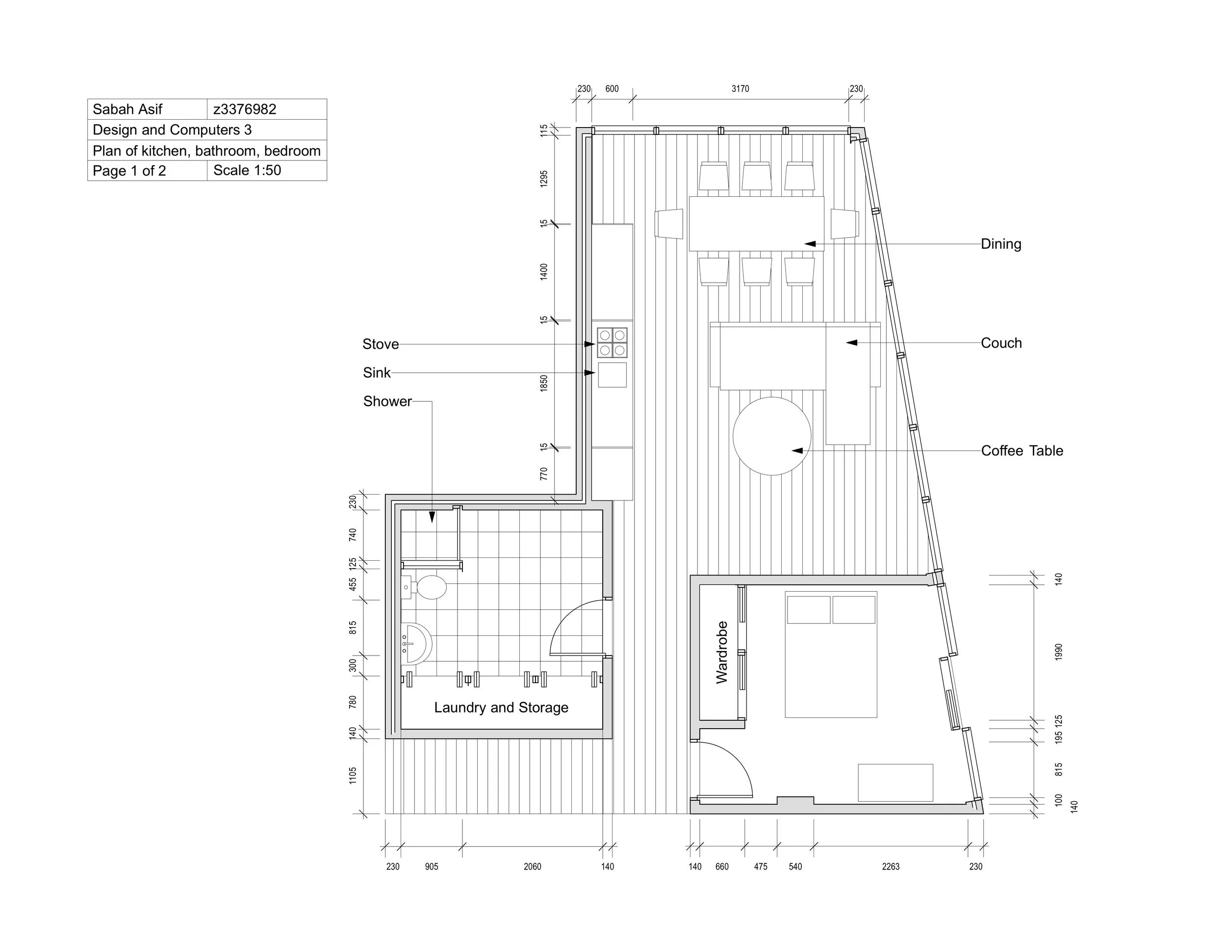  Scale drawings for a Sydney CBD apartment and kitchen using Vectorworks and Adobe Illustrator. 