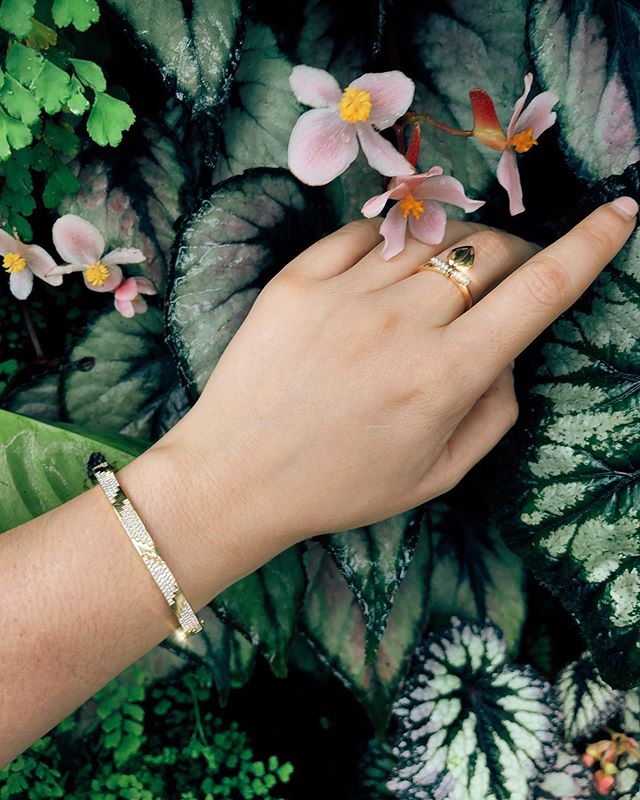 &ldquo;A garden to walk in and immensity to dream in--what more could he ask? A few flowers at his feet and above him the stars.&rdquo;- Victor Hugo. Pictured here are the Lazarus small ring and La Azteca bangle, both handcrafted from 18k gold and se