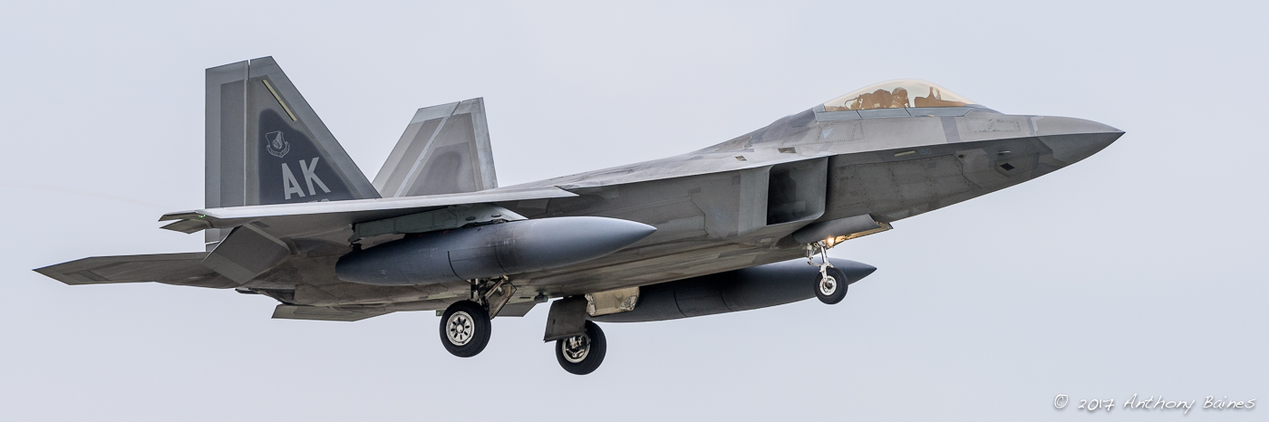 An F-22 sweeps into Mildenhall