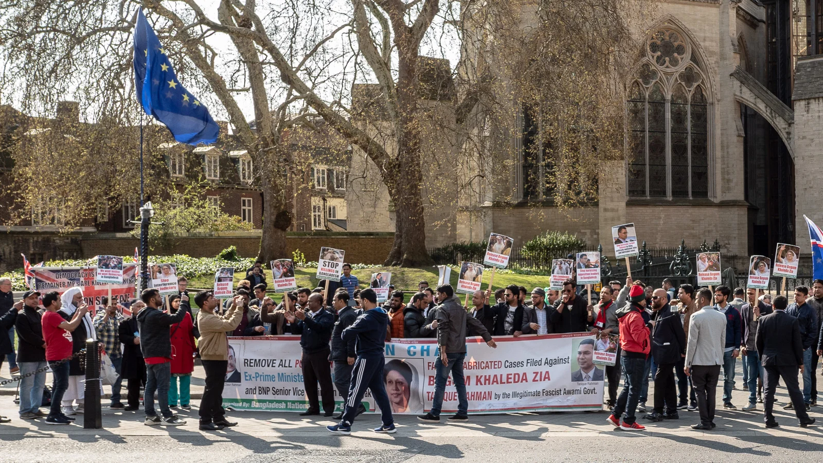 Brexit is not the only game in town. Between Parliament Square and College Green, a group protests events in Bangladesh.