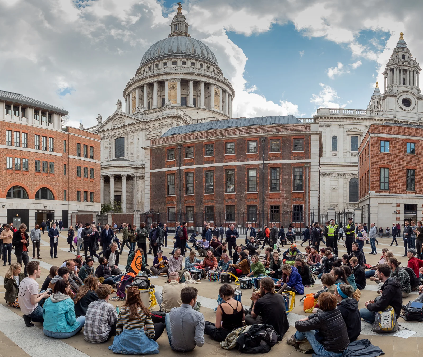 Taking a break in Paternoster Sq. Panorama of 5 overlapping pictures, stitched in Lightroom CC.