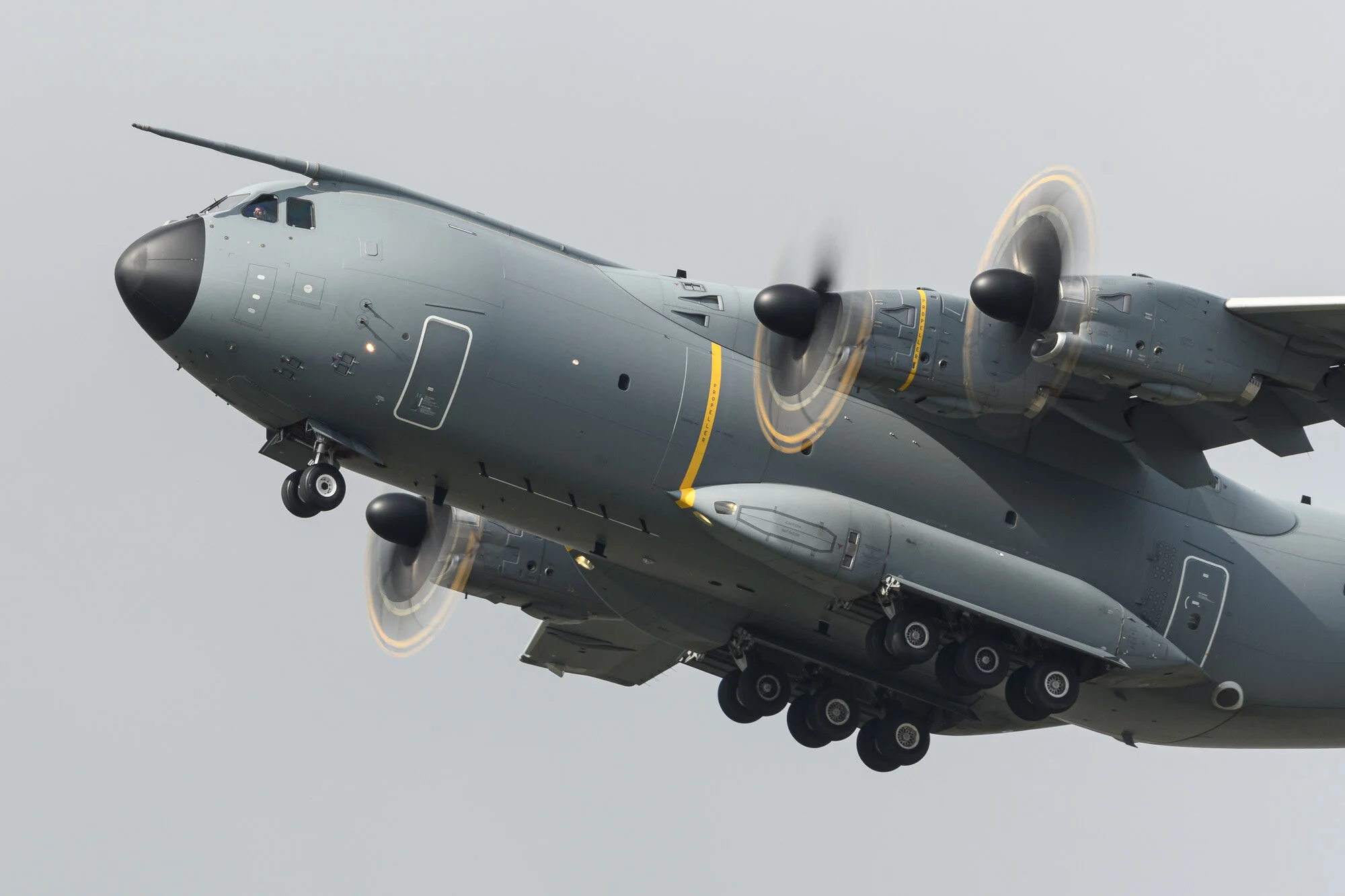 Airbus Military A400M taking off at Fairford. Nikon D500, 500PF, at f/13, 1/100 sec, ISO100. Shutter speed chosen to get full rotation of props.
