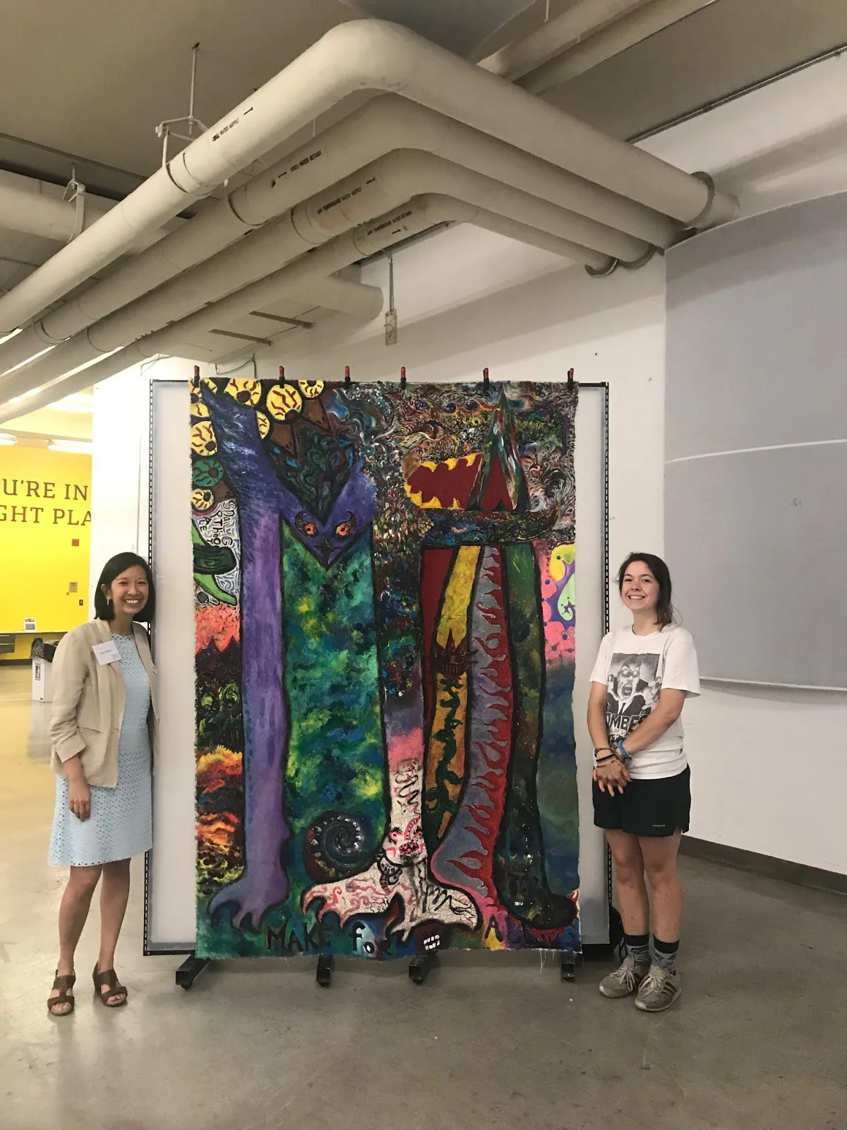 17-year old Chattanooga artist and maker Madeline Fazio (right) created this amazing piece which represents her interpretation of what Make For All means to her. Pictured here with Stephanie Santoso (left), Director of Maker Initiatives, Citizen Schools.