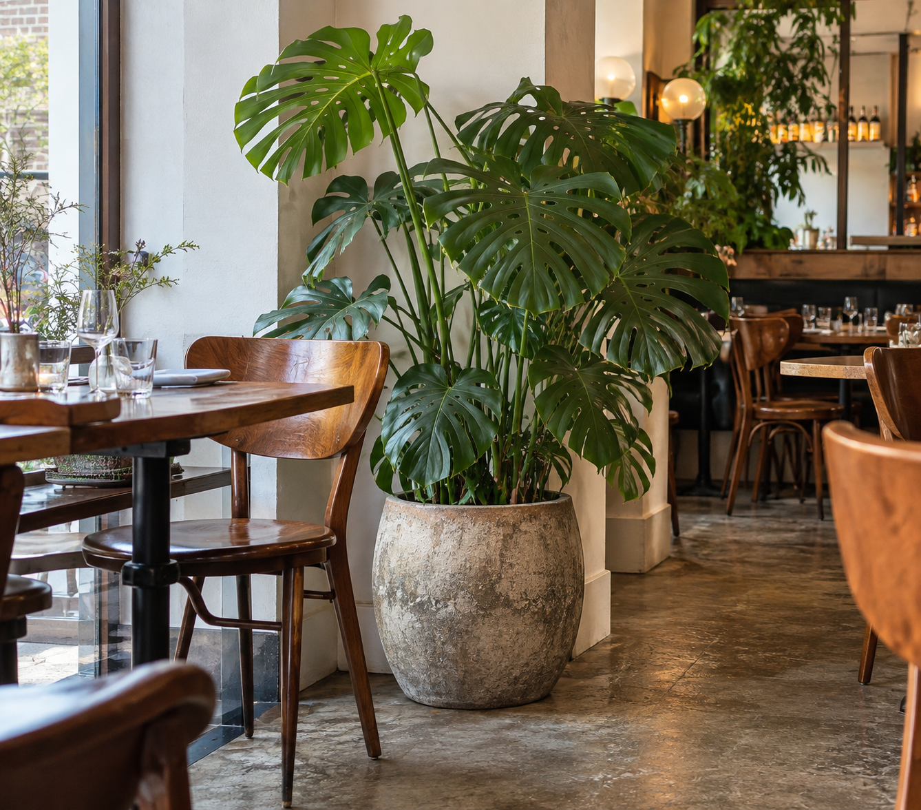 Large living tropical plant in a decorative indoor planter in a hospitality space