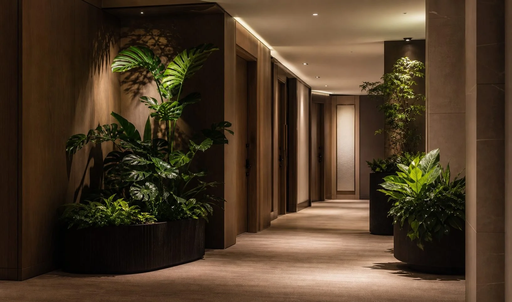 Living plants under discreet grow lights in a windowless hotel corridor.