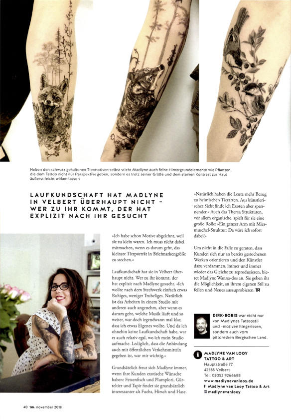 TätowierMagazin - Ausgabe 273 - Madlyne van Looy Tattoo &amp; Art - Natur- und Tiermotive