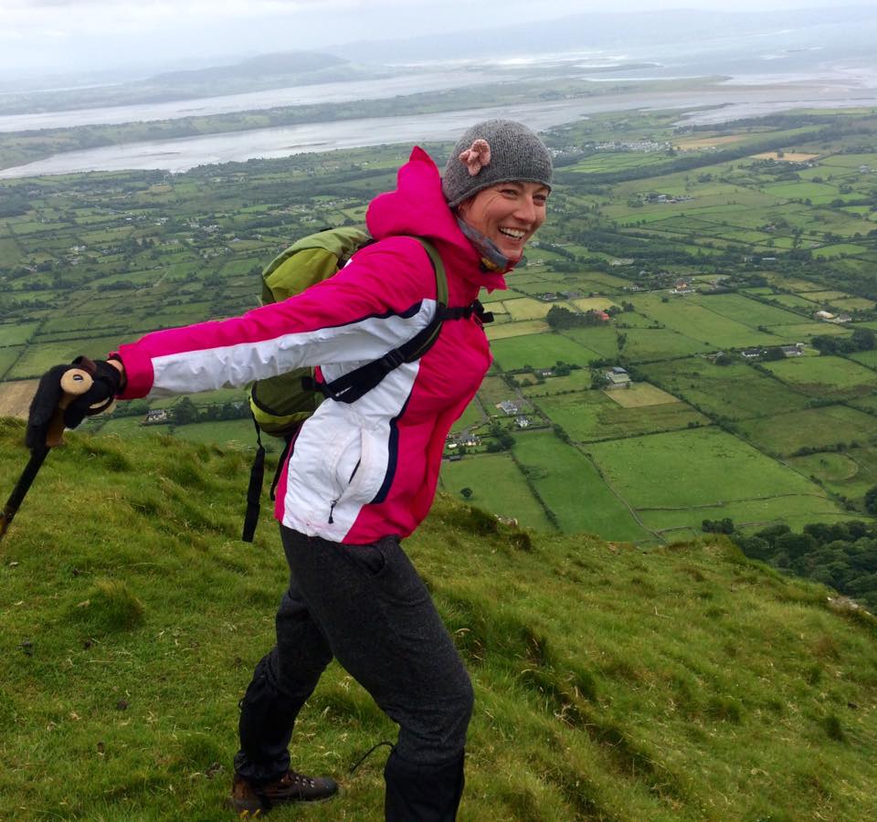 Hiking on Benbulben - Ruth enjoying the views of Yeat's Country and Knocknarea in the distance