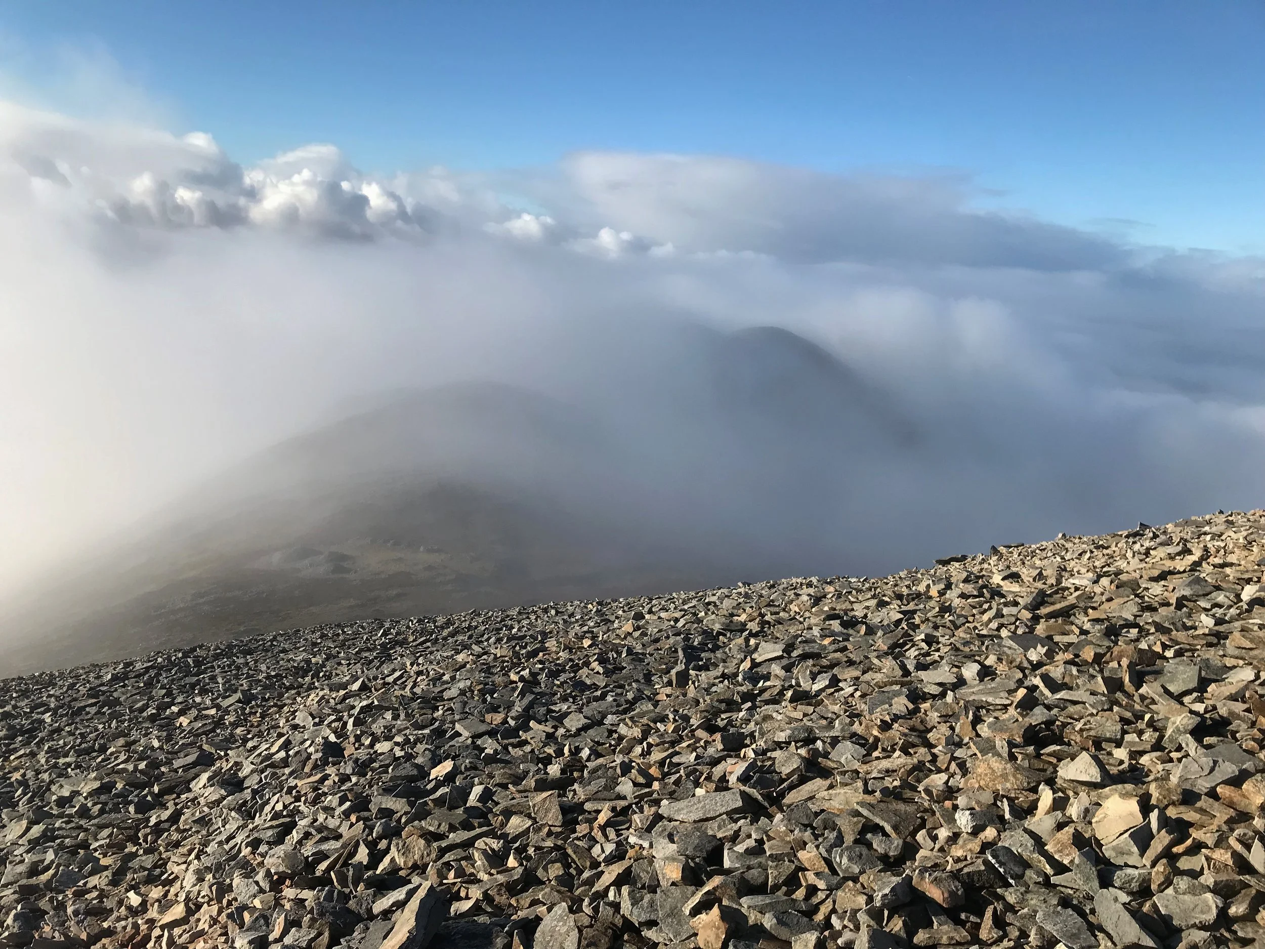 Ascent of Croagh Patrick looking back to Bengoram
