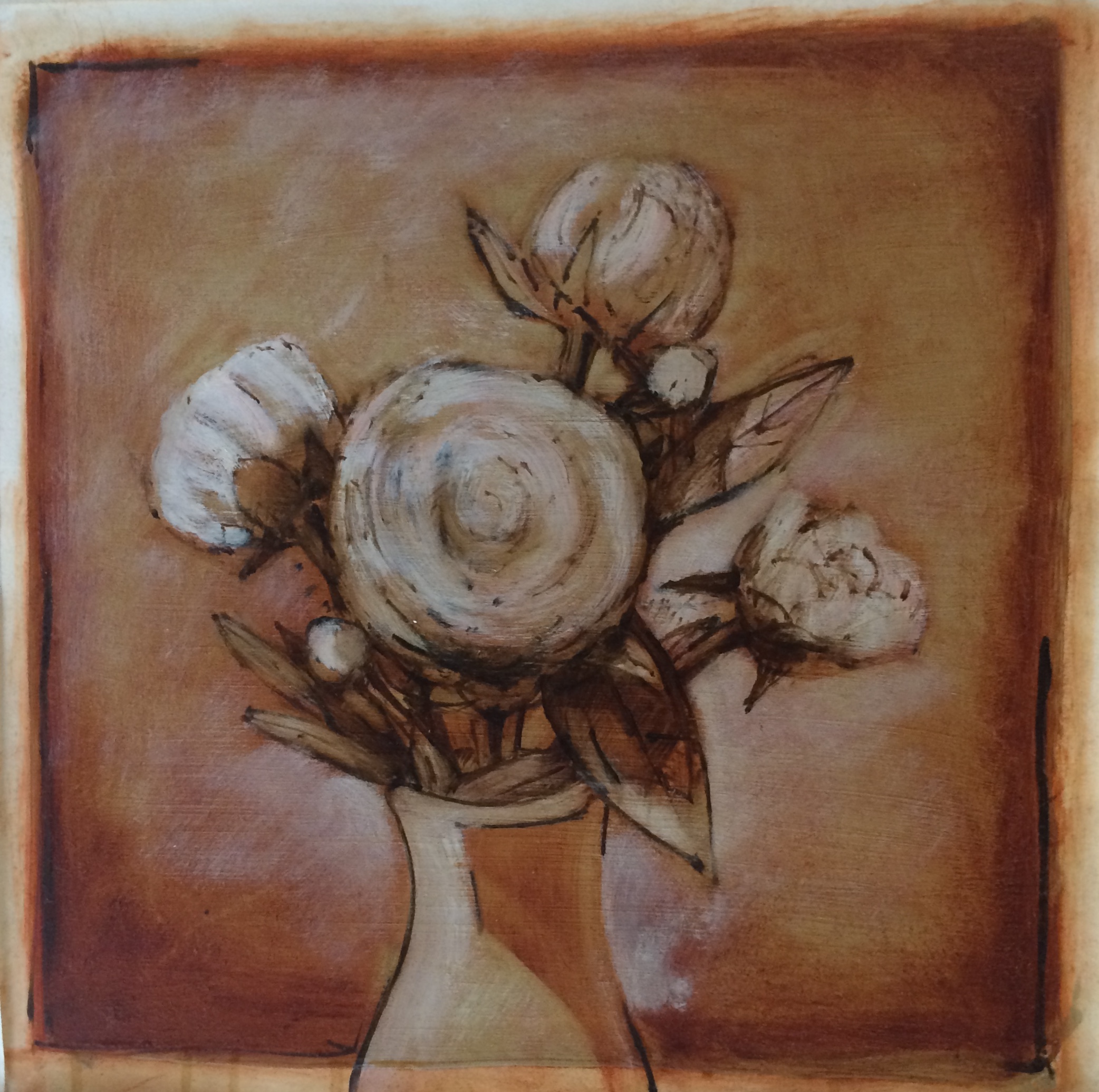 Peonies I. Oil on primed Arches, 14 by 14 inches, 2009