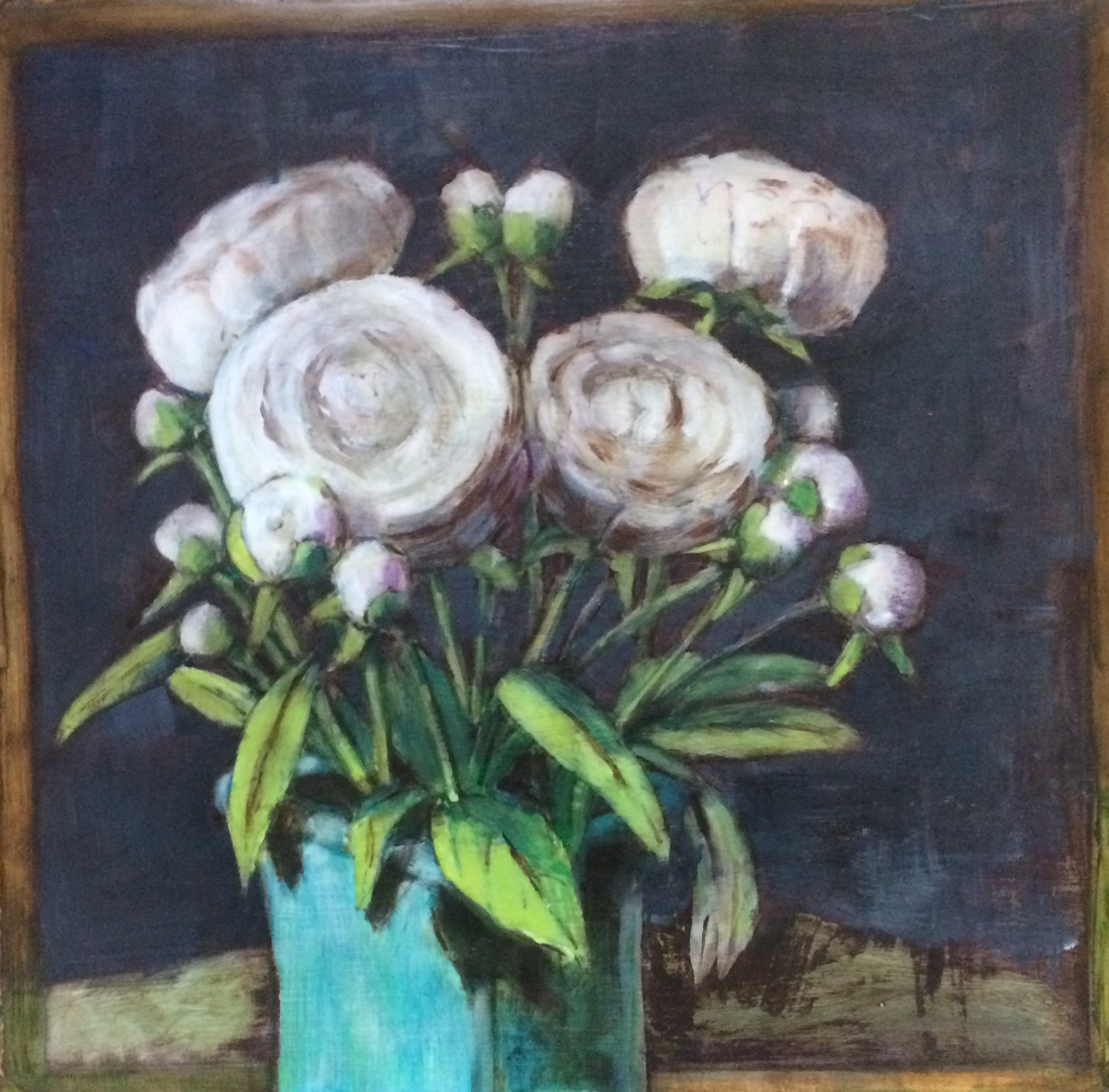Peonies II. Oil on primed Arches, 14 by 14 inches, 2012
