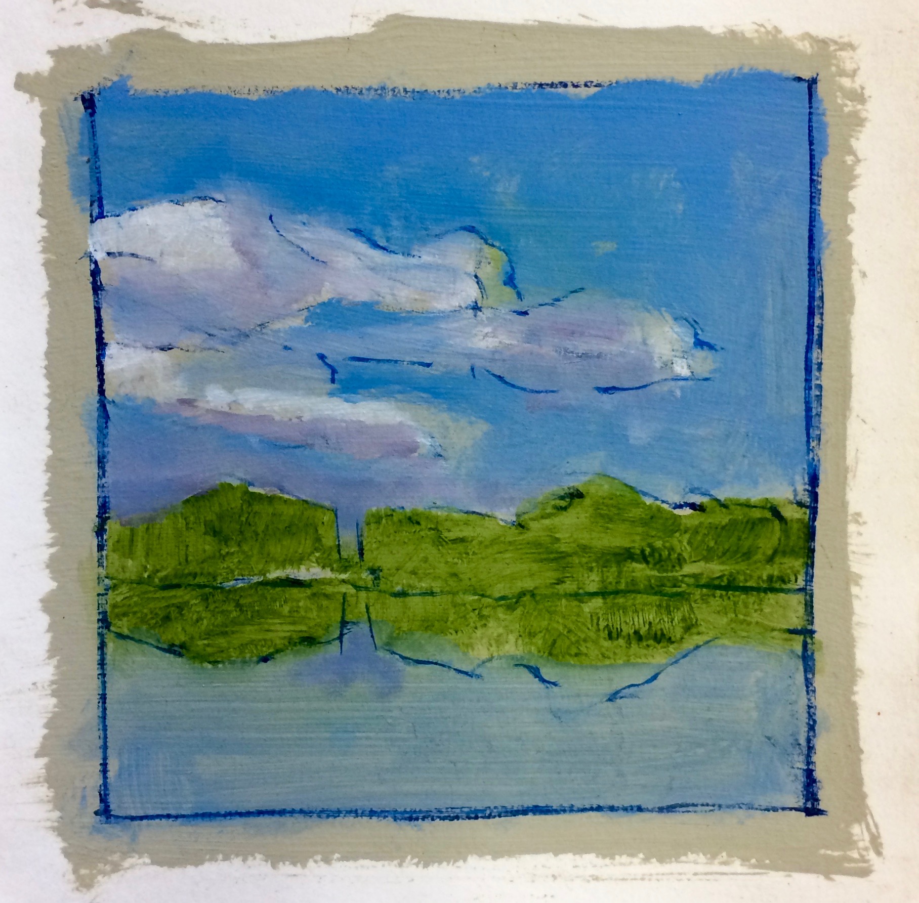 Lake Scape # 2. Oil on primed Arches, 5.5 x 5.5 inches, 2018.