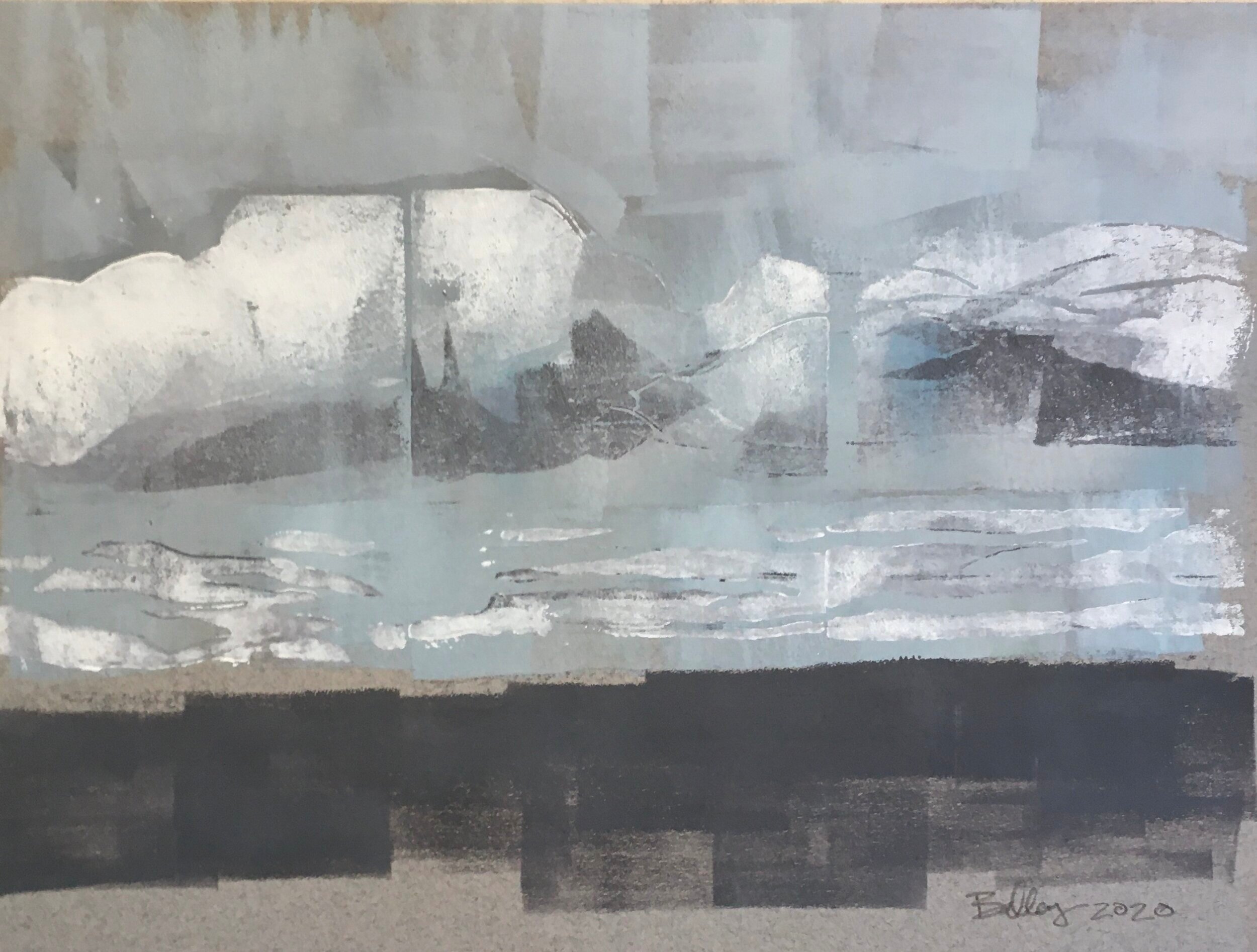 Cloud Scape #4, Block Print, 9 by 12 inches, J.Ballay, 2020.