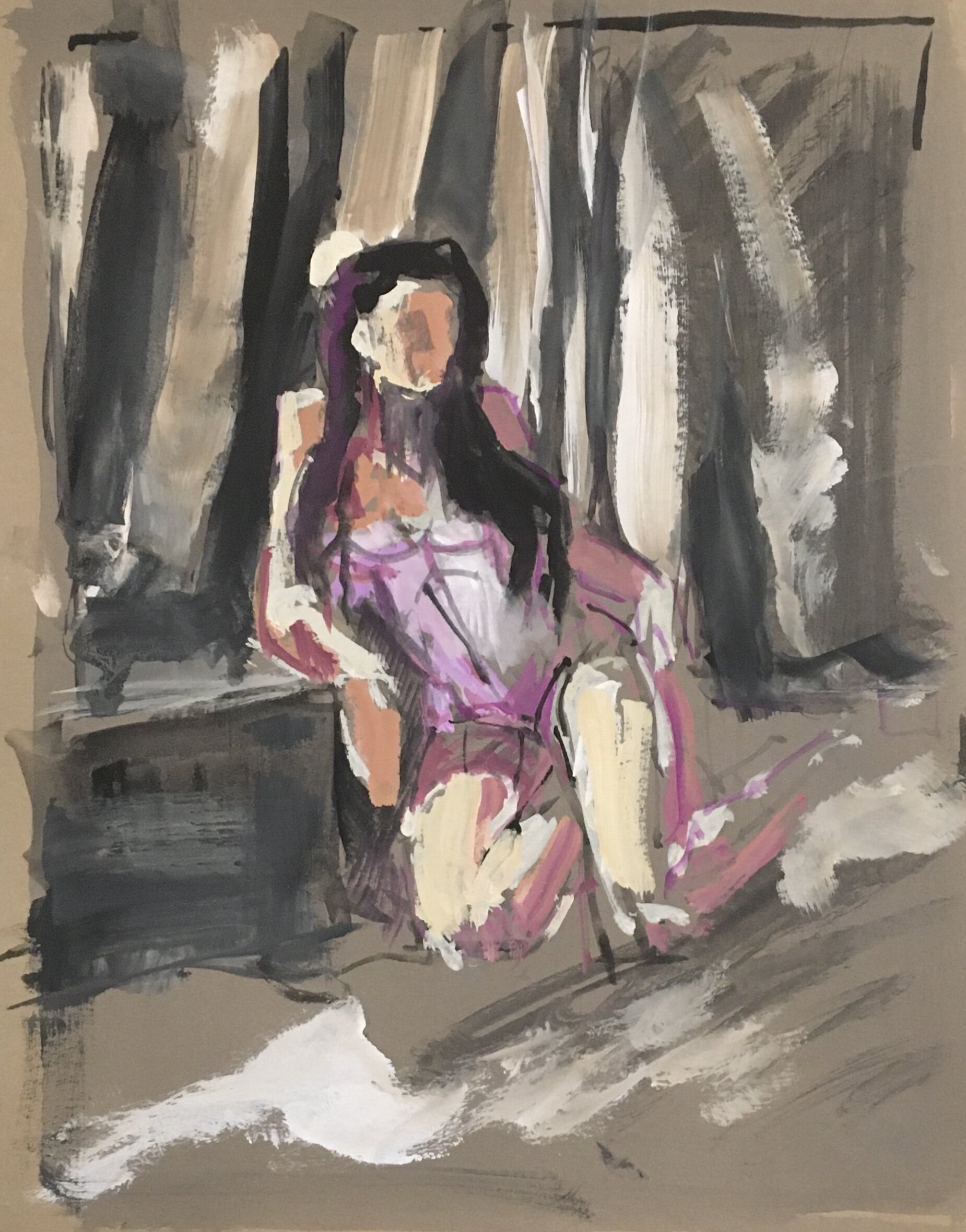 Sylvana Seated, Gouache on paper, 9 by 12 inches, 2020.
