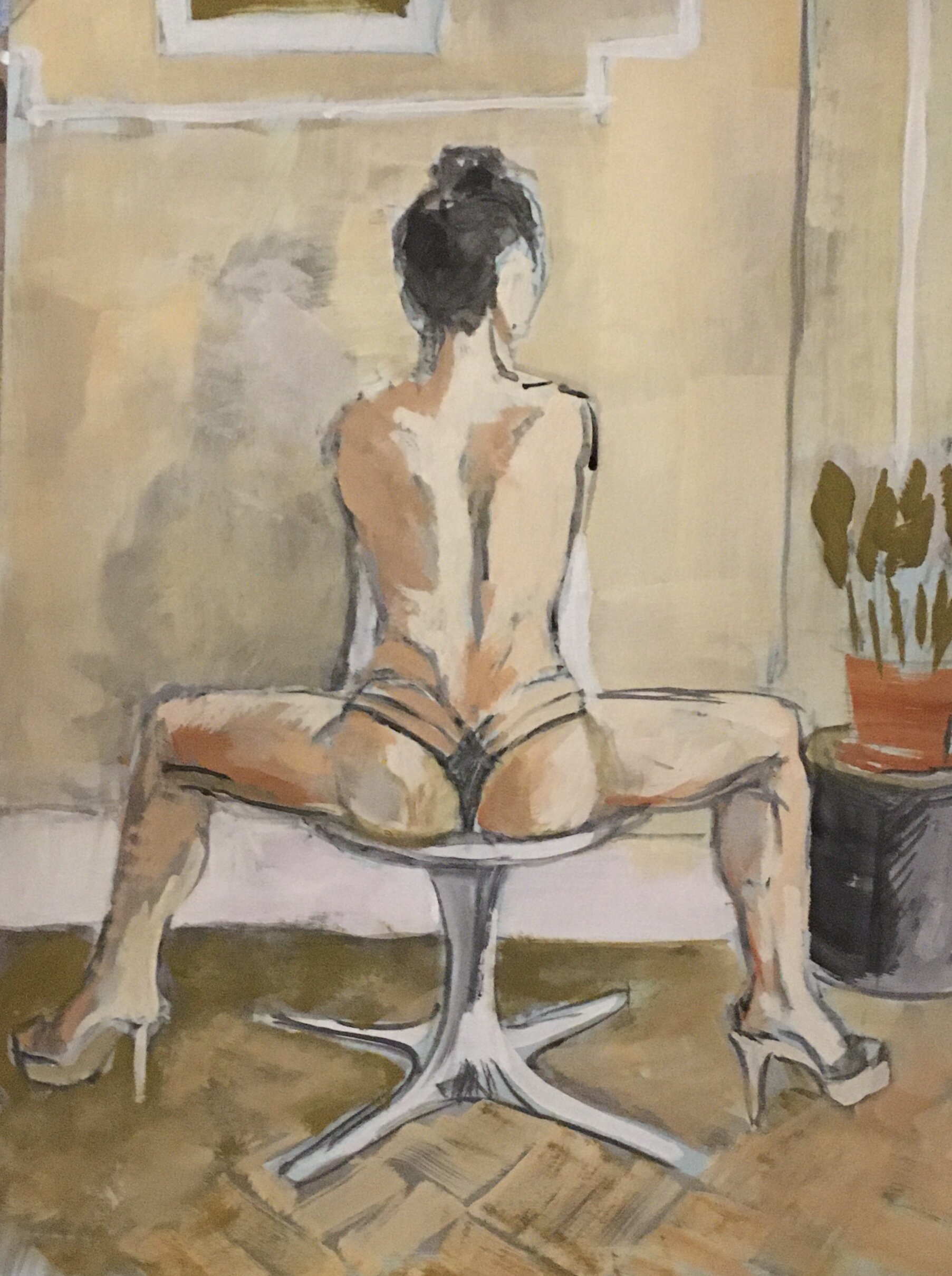 Kyla Seated Back Pose, Gouache, 9 by 12 inches, 2020.