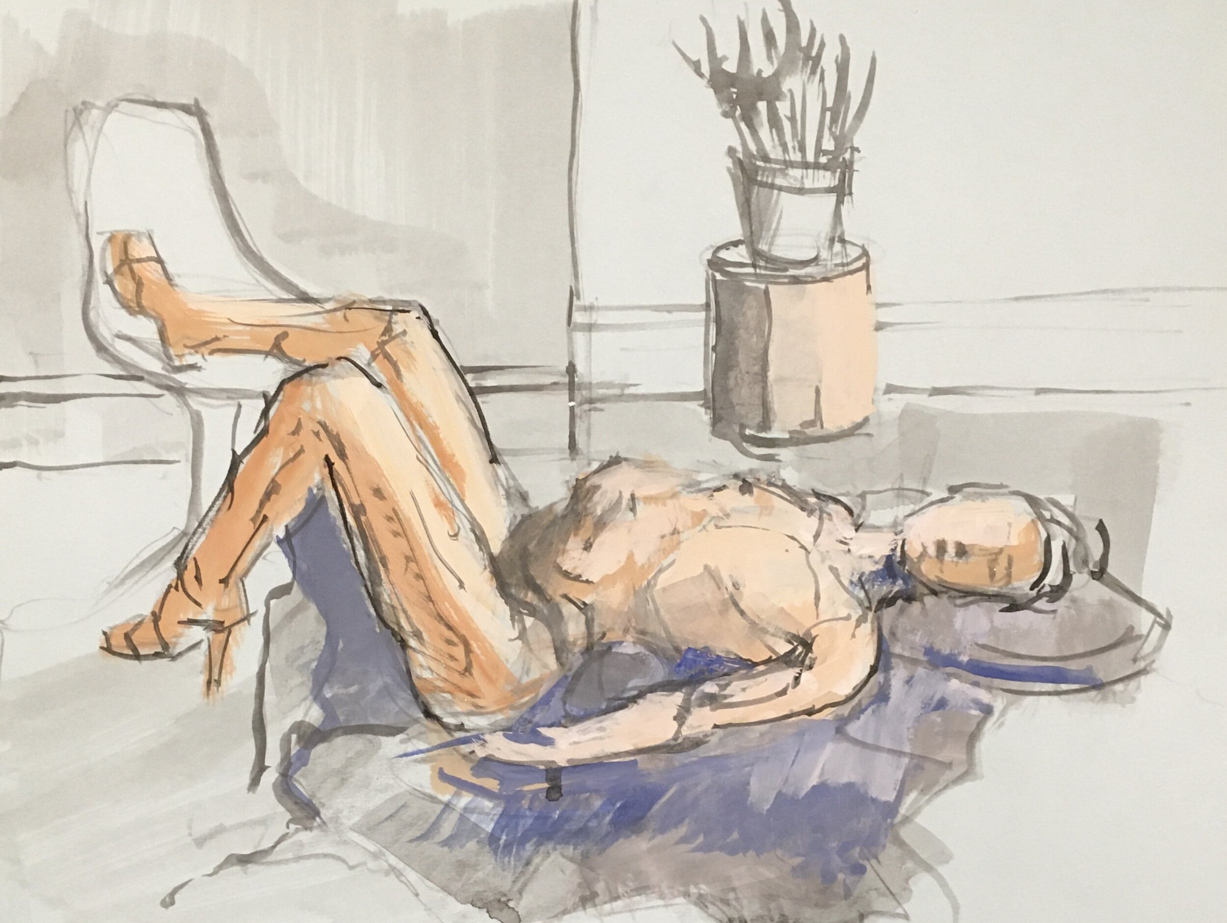 Kyla reclining, Gouache,  12 by 9 inches, 2020.