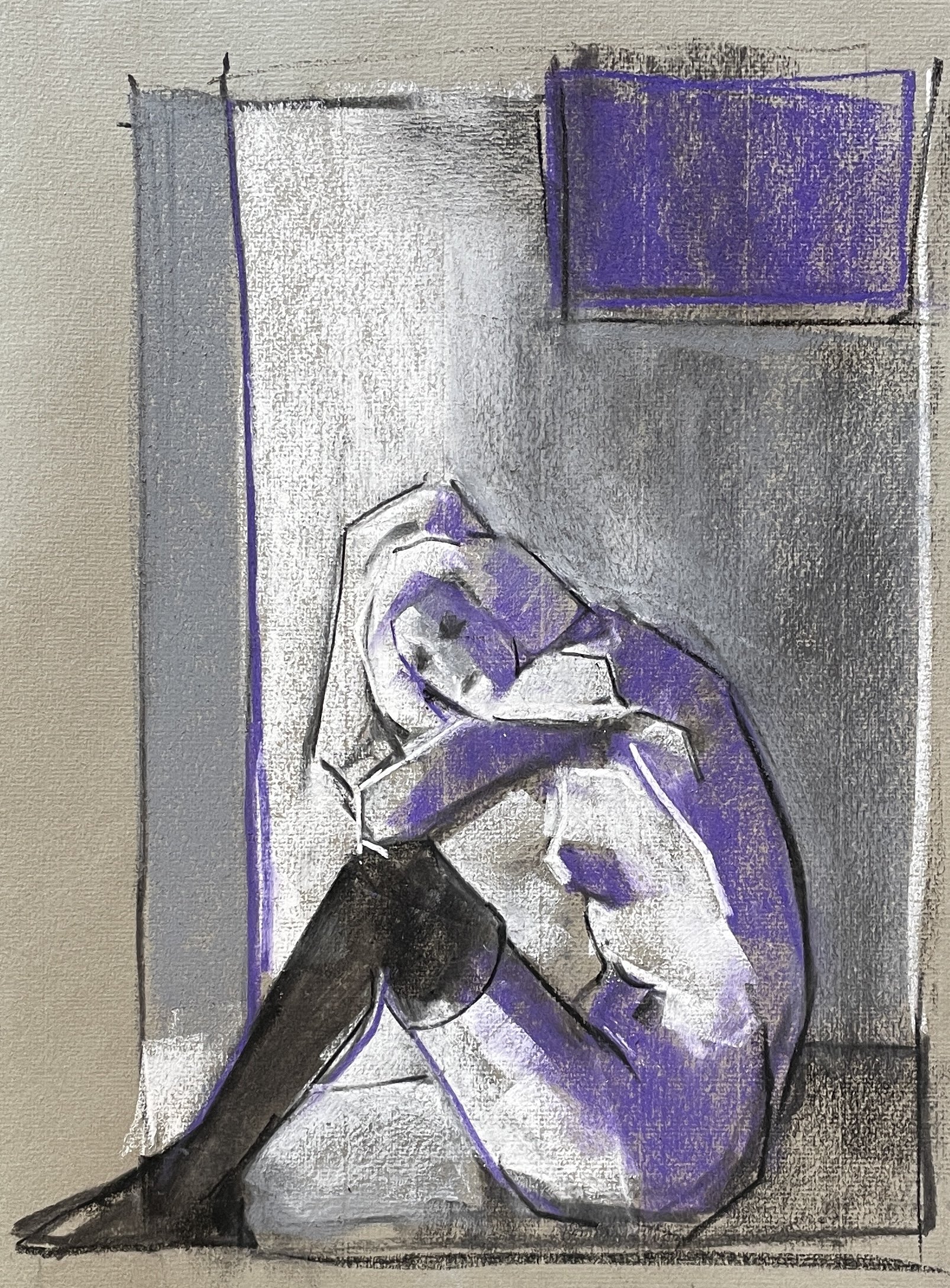 T.C Seated Purple, Pastel, 12 by 15 inches, 2022.