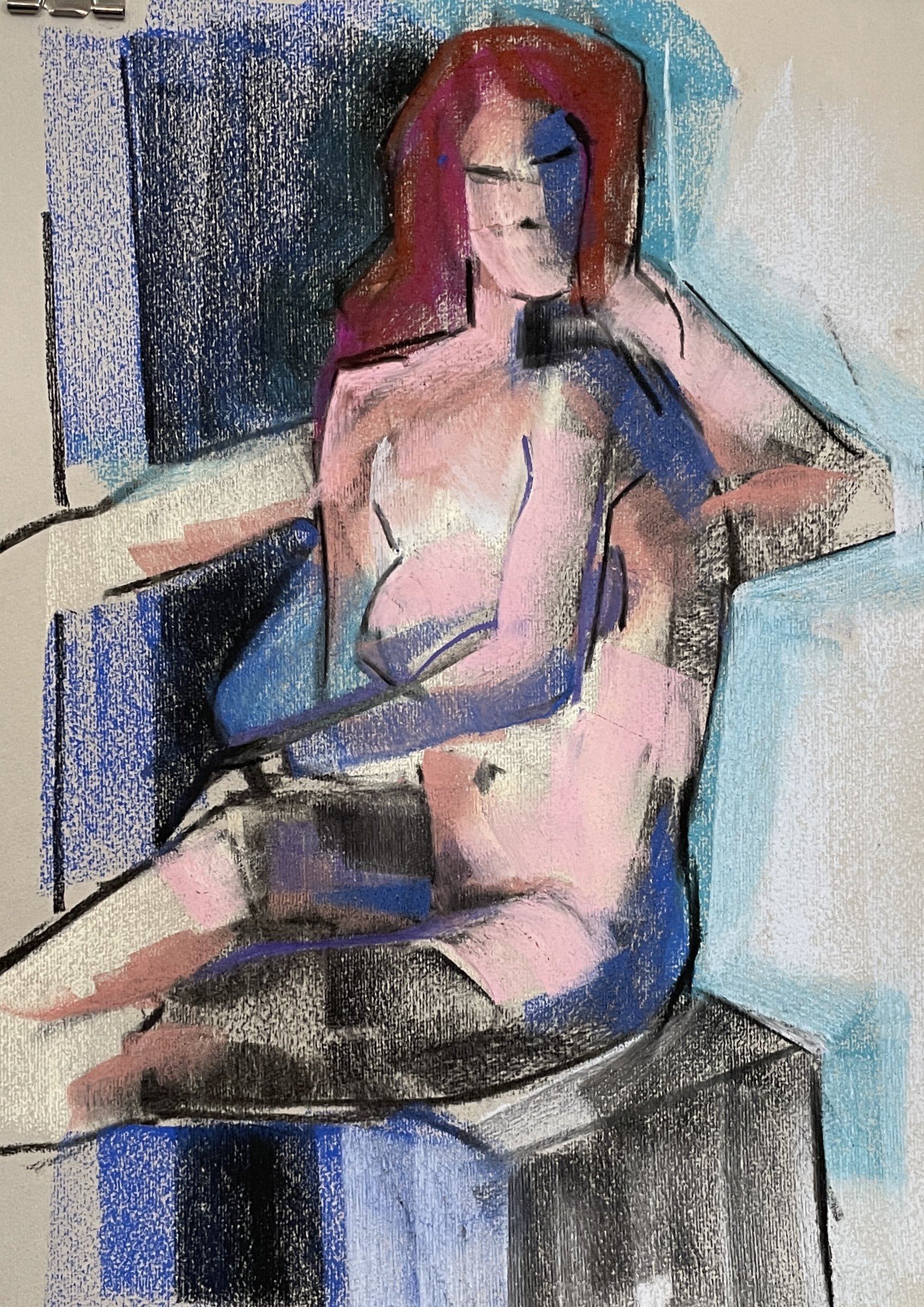 M.H. Seated, Pastel, 12 by 17 inches, 2023.